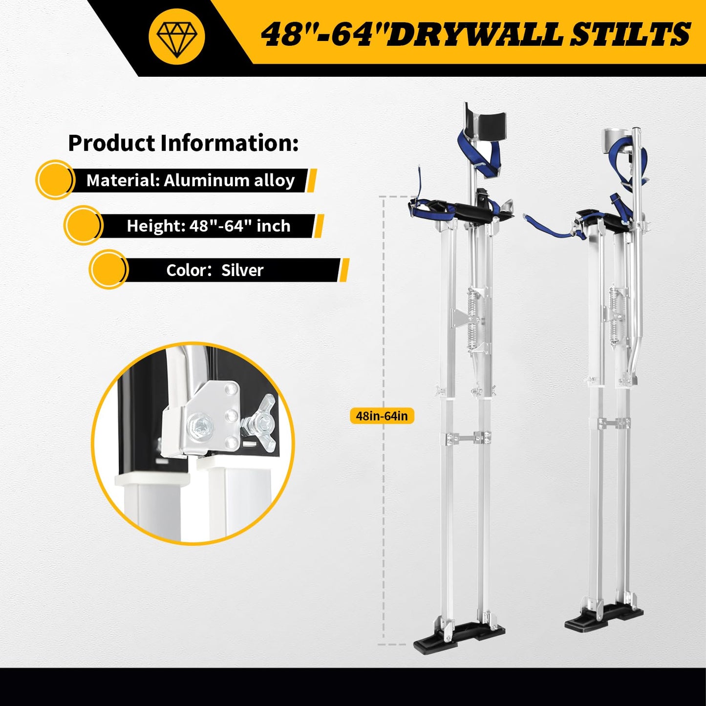 Jecoupoon 48-64 Inch Aluminum Alloy Drywall Stilts with Sliver for Working at High Places (Silver,48-64 Inch)