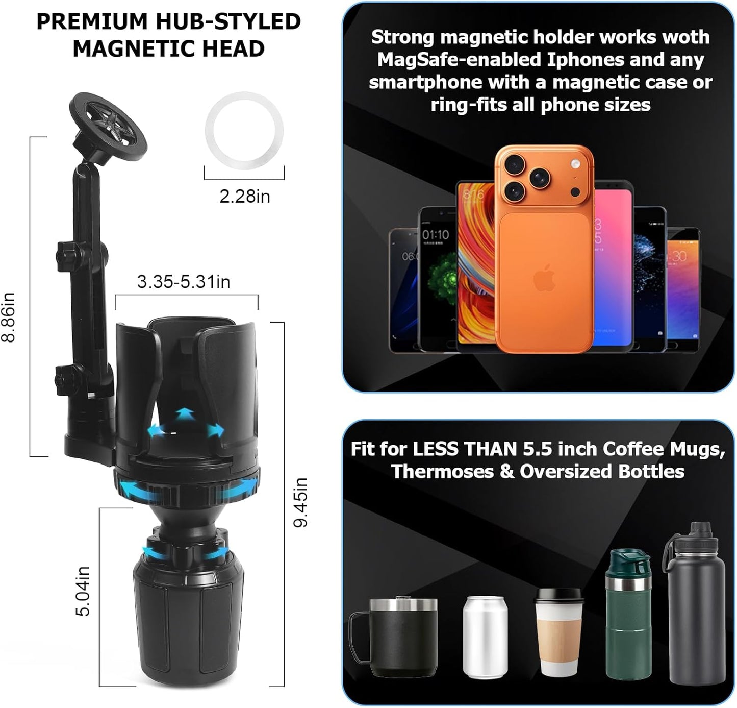 2.68-4.33" 360 N52 Frani Car Cup Holder Expander with Magnetic Phone Mount - Adjustable Insert Fits Holders, Adjustable