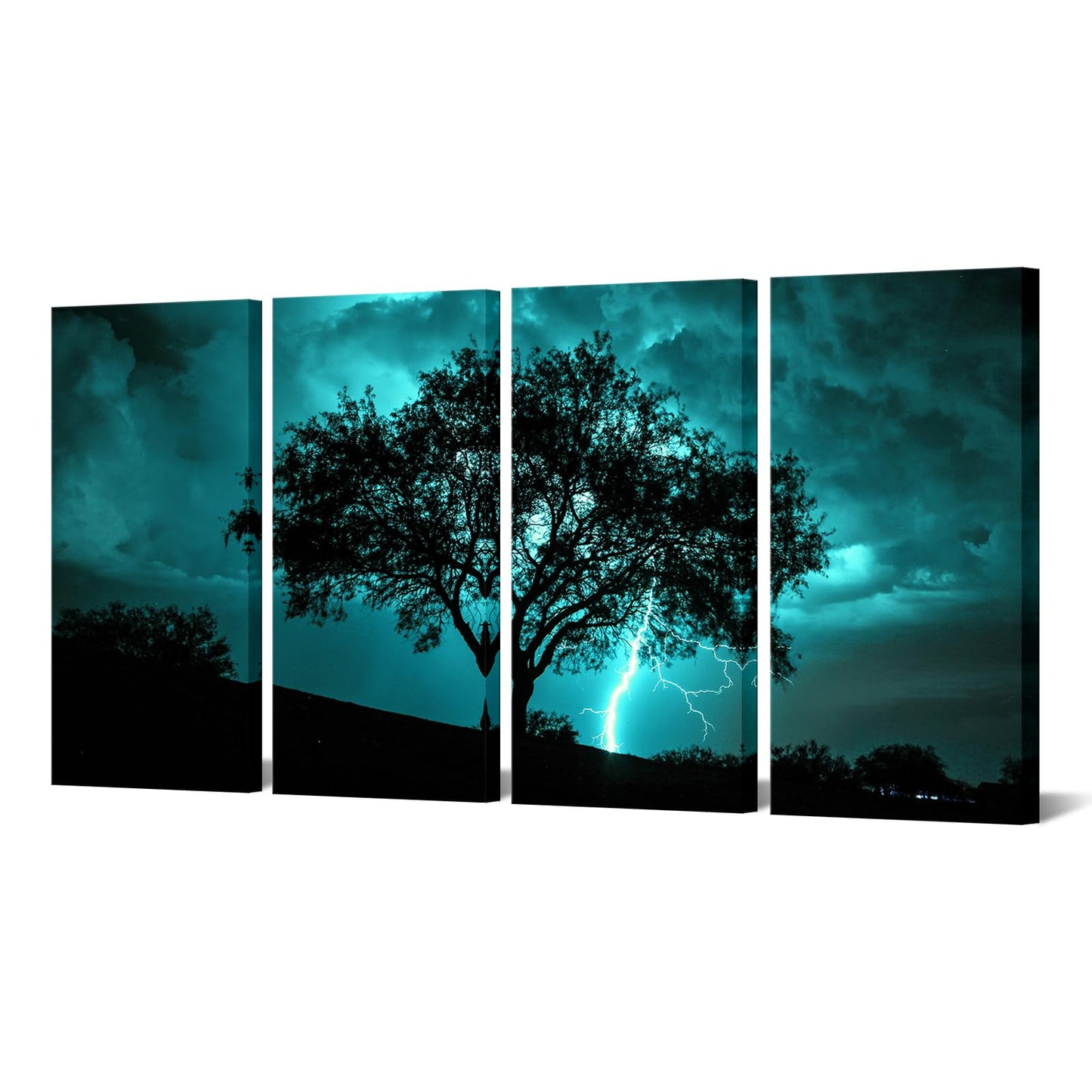 NutArtPic Tree Canvas Wall Art Teal Big Tree with Lightning Strikes Picture Artwork Natural Landscape Artwork Painting for Home Decor 12''x24''x4pcs (Teal)
