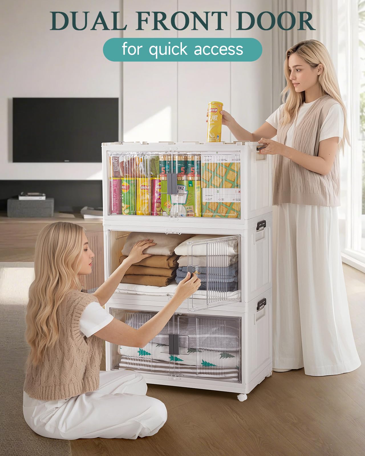 OlarHike 97QT Stackable Storage Bins with Lids - Folding Storage Box with Doors and Wheels, Collapsible Plastic Storage Drawers for Closets and Organization, Garage, 5 Pack Cubes
