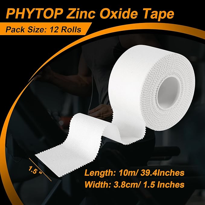 Athletic Tape 1.5in x 33ft (12 Pack Bulk) - No Residue Easy Tear White Sports Tape for Ankle & Wrist Support | Strong Zinc Oxide Tape for Athletes, Gymnastics, Training, First Aid Use