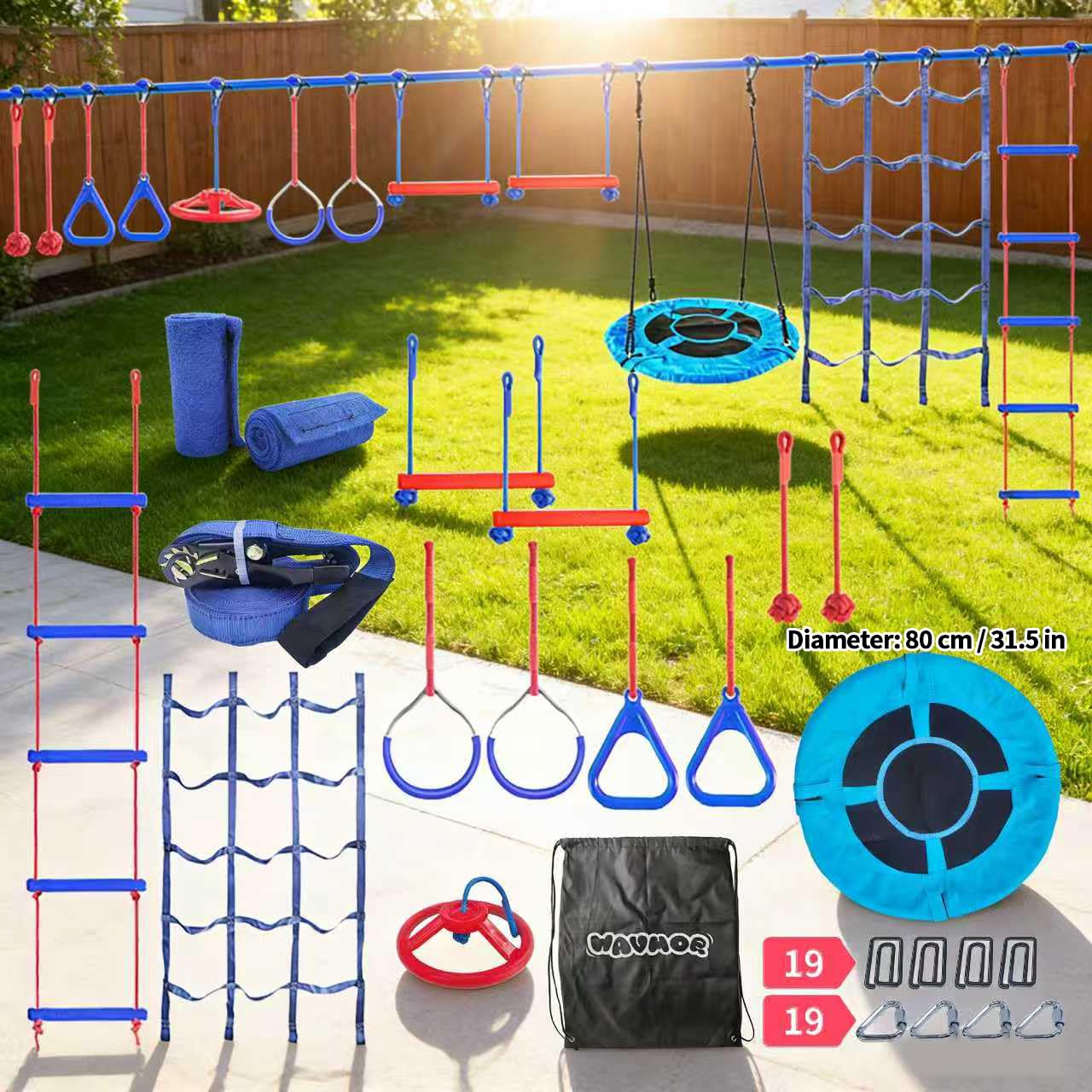 Wavmor 65 FT Ninja Warrior Obstacle Course Swing Set for Kids with 12 Obstacles,Outdoor Playset with Monkey Bars for Backyard