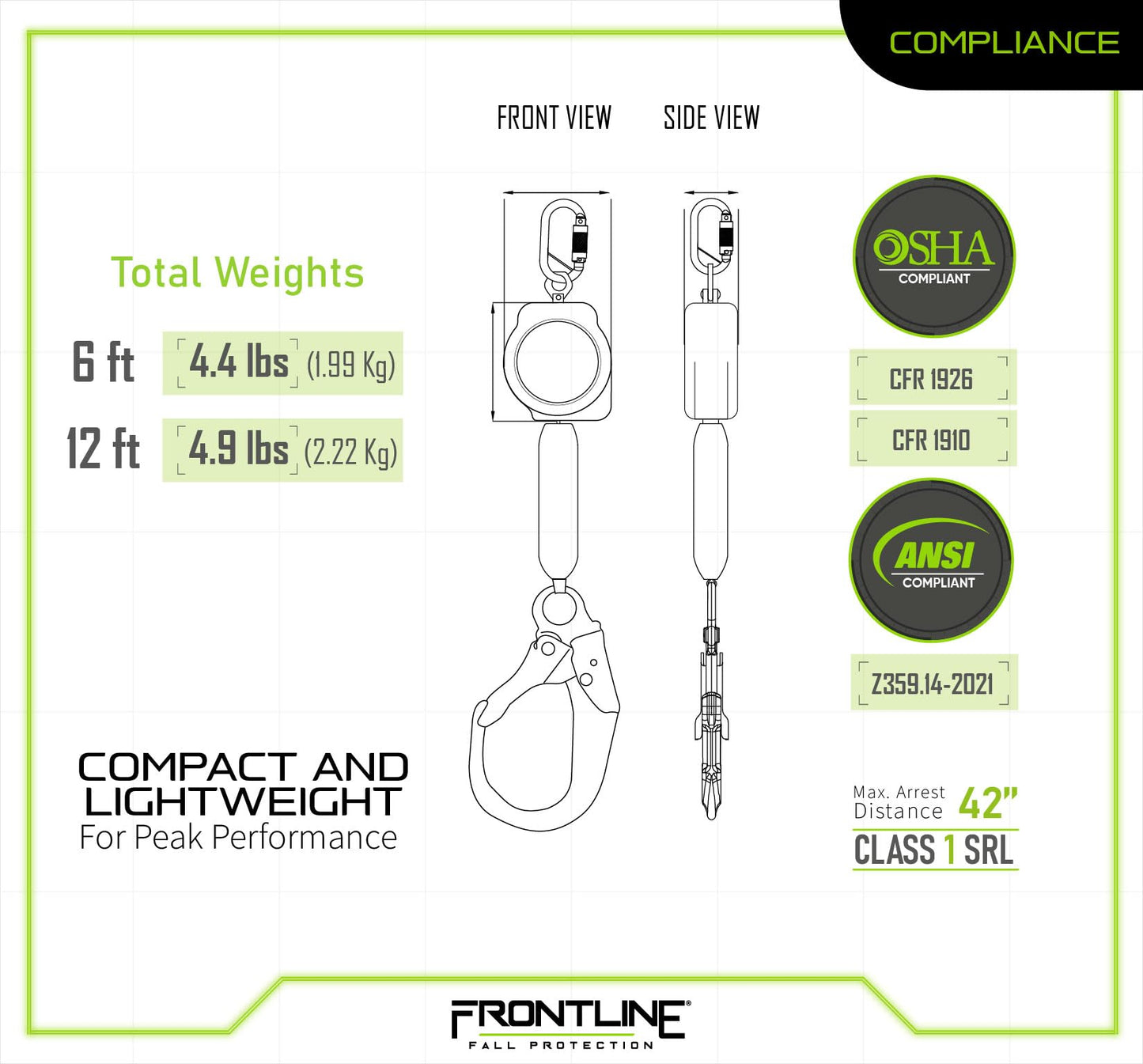 Frontline RPA062R 6' Aramid Web Twin Leg SRL with Steel Rebar Hooks | 310 lbs Capacity | Lightweight & Durable | Aramid Fiber Webbing Retractable | ANSI & OSHA Compliant | ISO Lab Tested