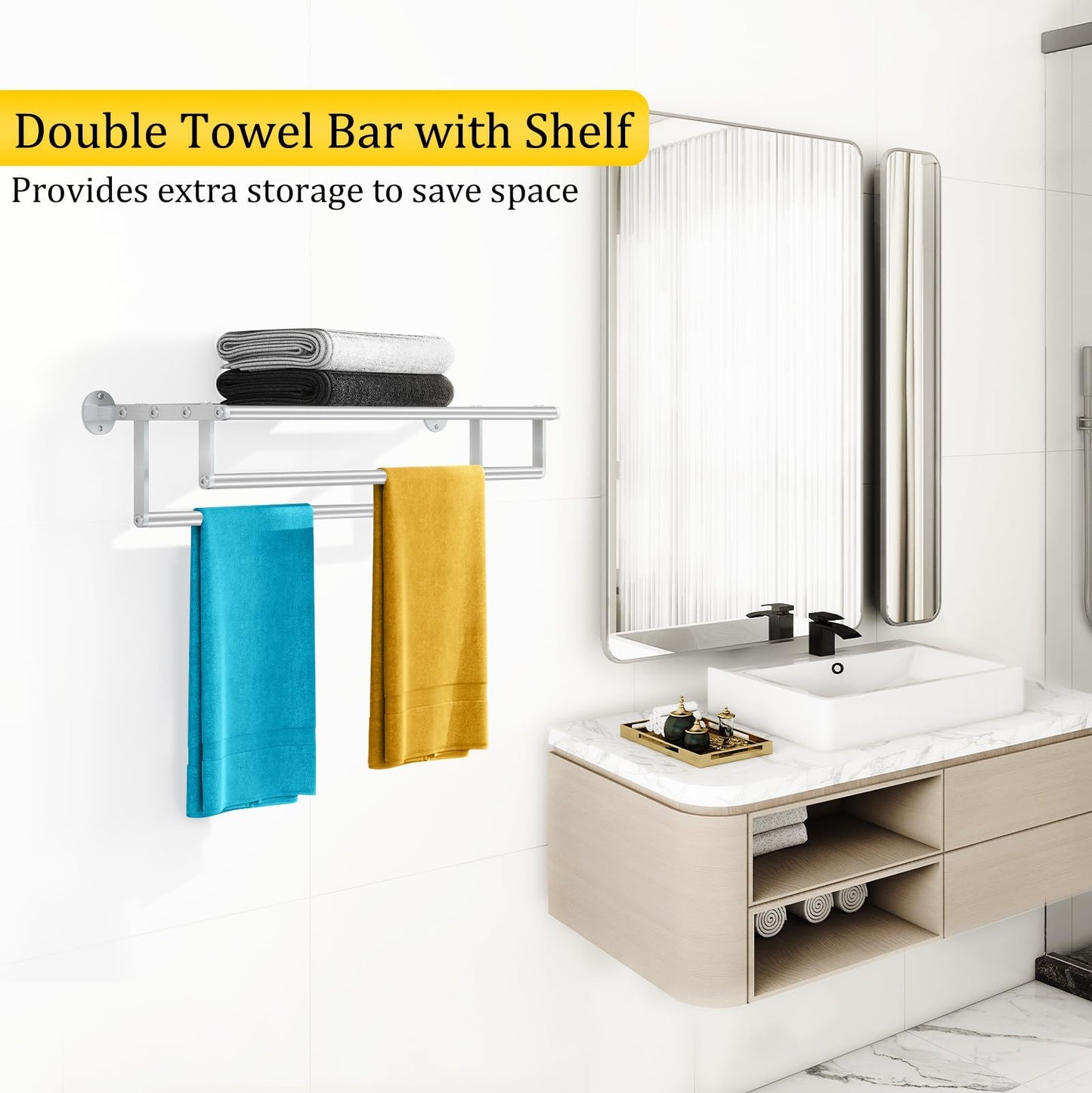 XEENEW Double Towel Racks for Bathroom Towel Rack with Shelf, 24 Inch Double Towel Bars, Wall Mount Towel Holder for Bathroom Lavatory, Stainless Steel Towel Rod(Brushed Nickel)