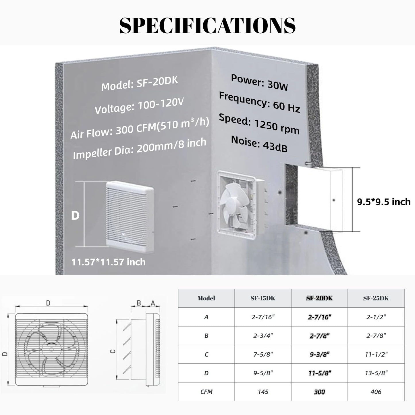 SAILFLO 8 Inch Window Shutter Exhaust Fan, 9.5 x 9.5 Inch Cutout, 300CFM 30W Wall-Mounted Ventilation Fan Air Intake Extractor for Bathroom Home Bedroom Attic, φ8 Inch Impeller