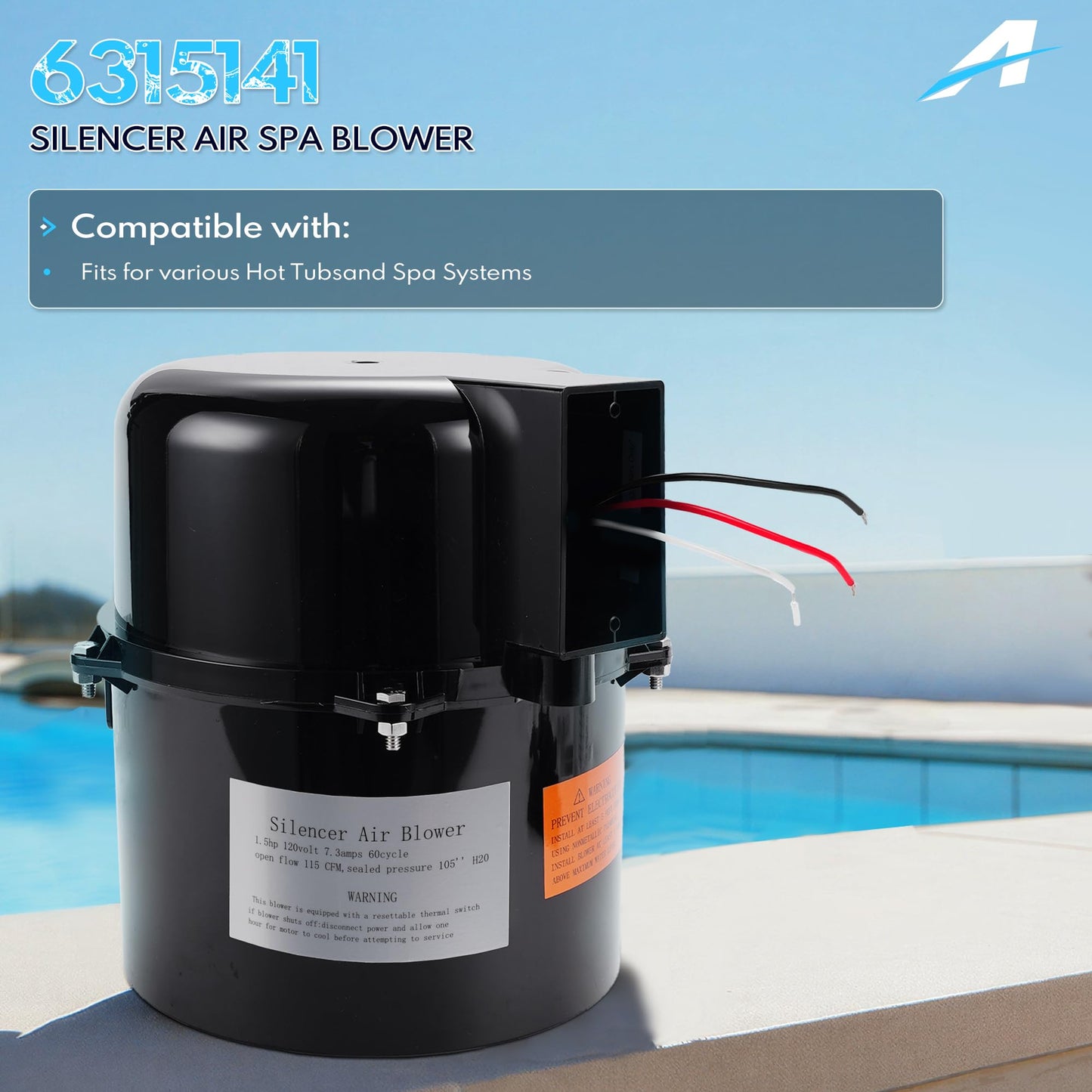 A-Outsanding 6315141 Silencer Spa Blower 1.5HP Blower Fit Pool and Spas 1.5HP 120V 7.3A; for use with 2 inch Plumbing.