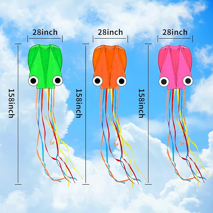 Octopus Kites for Kids & Adults Easy to Fly, 24”x 158” Large Soft Kite Kit for Boys and Girls, Single Line 3D Beach Kite Set for Teens,Perfect for Outdoor Activities