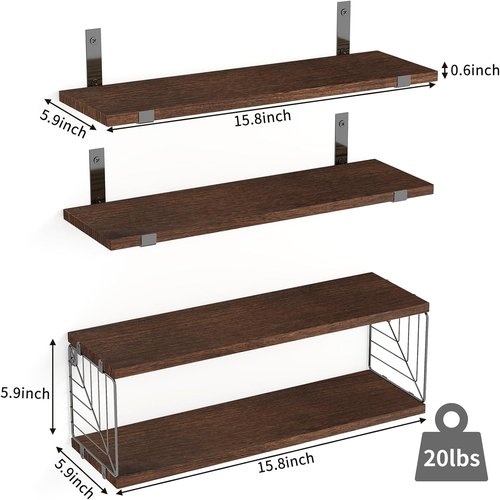 Fixwal Floating Bathroom Shelves - Rustic Wood Wall Decor for Bathroom, Living Room & Kitchen | 15.8in Dark Brown, 3 Plus 1 Tier