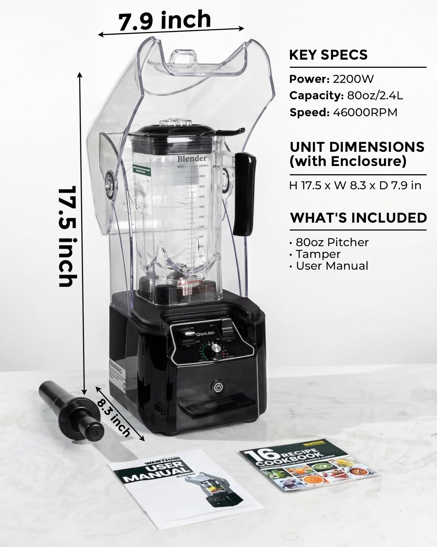 WantJoin Professional Commercial Blender With Shield Quiet Sound Enclosure 2200W Industries Strong and Quiet Professional-Grade Power, Self-Cleaning, Black