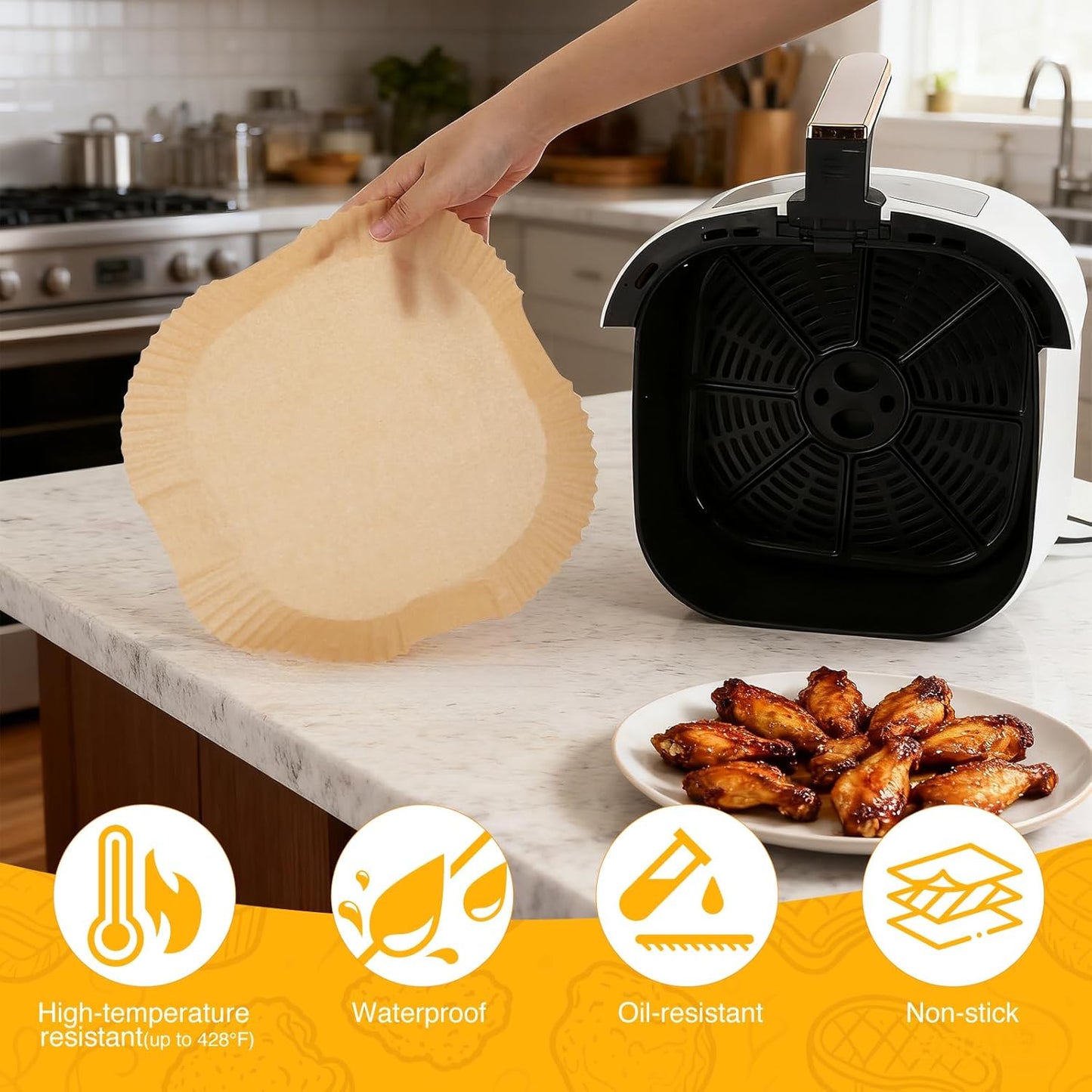 Skiennix Air Fryer Paper Liners - 400 Pcs Unbleached Non-Stick Parchment, 8 Inch Square for 5-8 QT