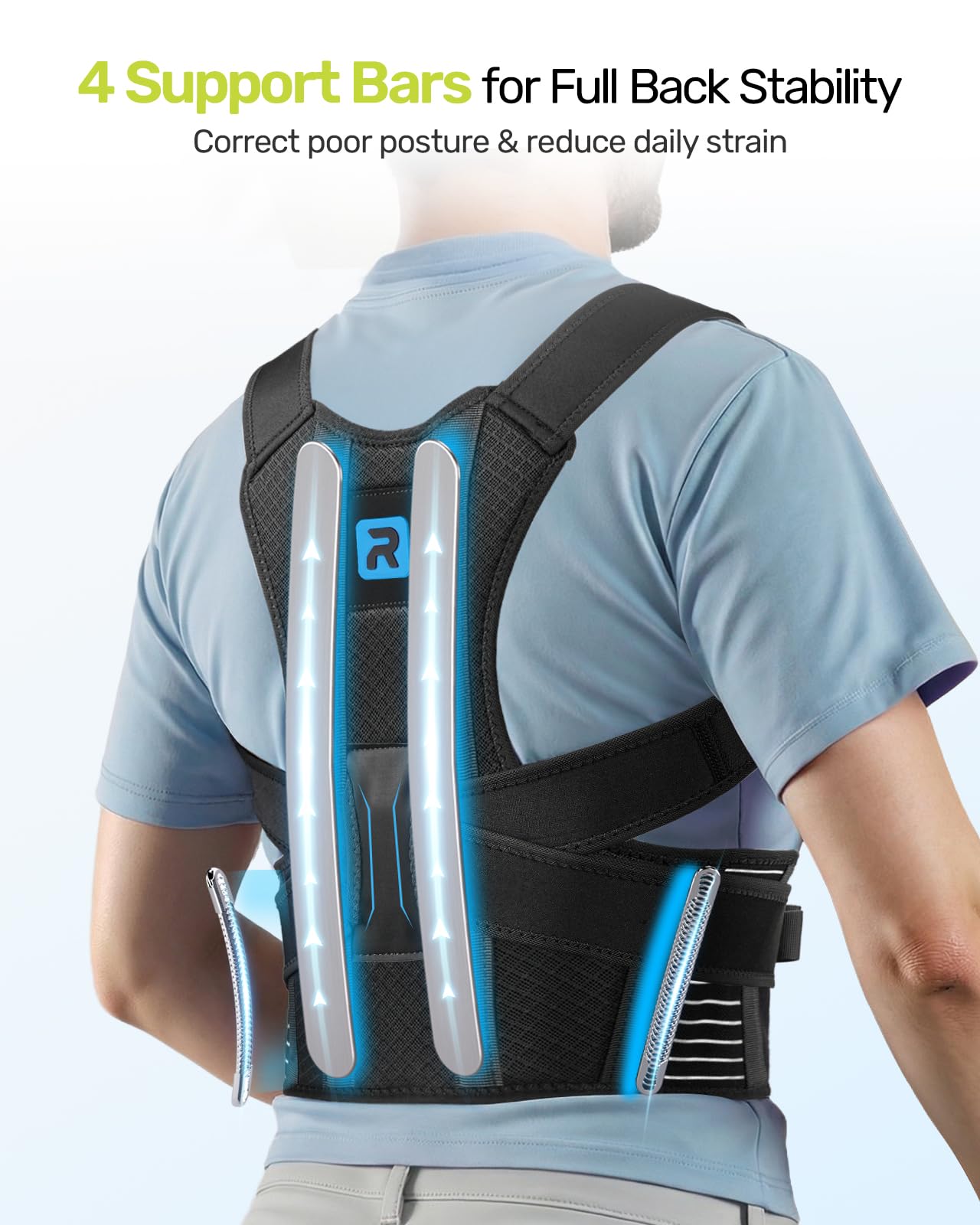 Rakiie Posture Corrector for Women Men, 4 Back Support Brace Bars, Adjustable Shoulder Straightener with Cushioned Pads for Hunchback, Round Shoulders, Back Pain Relief, Blue M