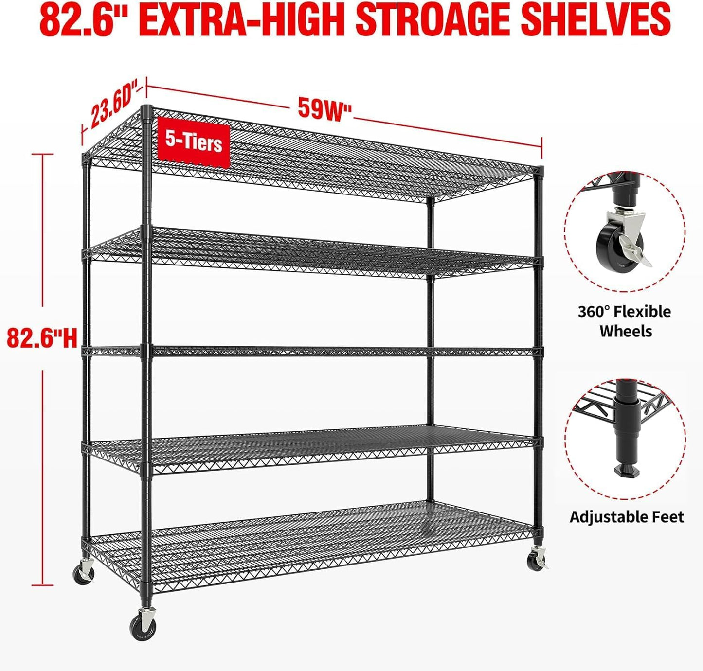 EliteEdge 5-Tier Tall Steel Garage Shelving with Wheels, Heavy Duty Storage Rack, 3300 Lbs Capacity, Adjustable Industrial Shelves for Garage, Workshop, or Warehouse, 23.6" D x 59" W x 82.6" H
