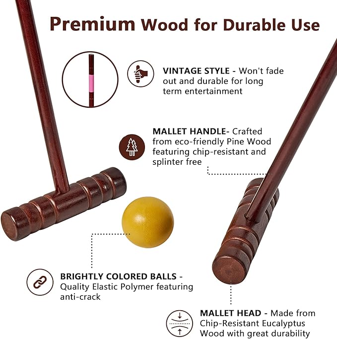 Croquet Set for Adults - 8 Players Croquette Kit with 35In Deluxe, 32In Regulation Size Rubber Wood Mallets, Colored PE Ball, Wickets, 24In End Stakes, Lawn Backyard Game for Families
