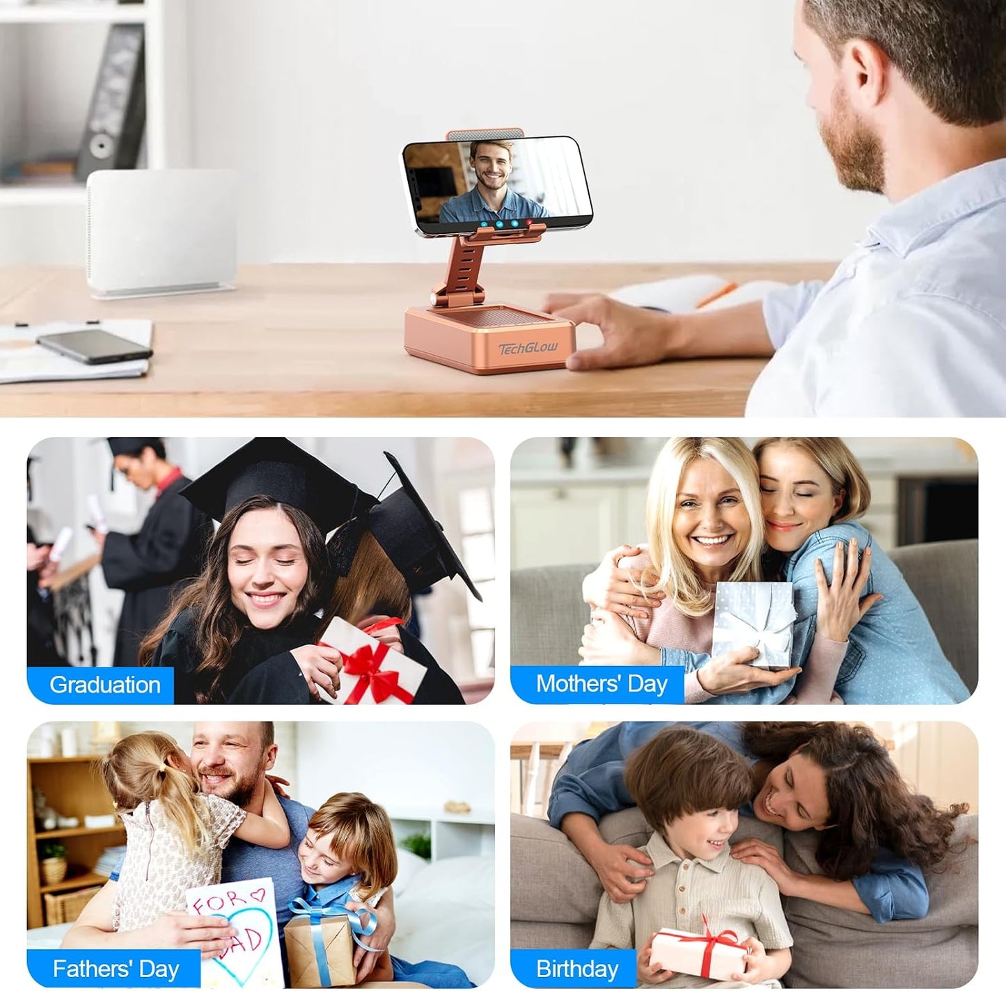 TechGlow Gifts for Men Women Foldable Cellphone Stand with Bluetooth Speaker and Charging Function Birthday Gift Idea