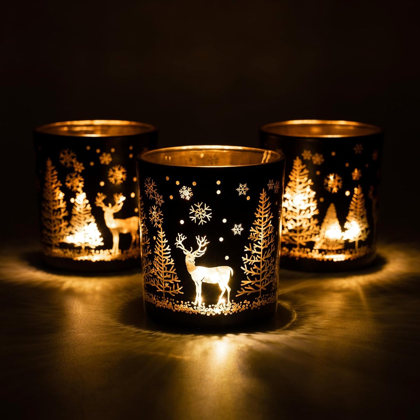 Skiennix Votive Candle Holders - Black & Gold Glass Tealight Set of 3 | Festive Elk, Tree & Snowflake Designs for Holiday Decor