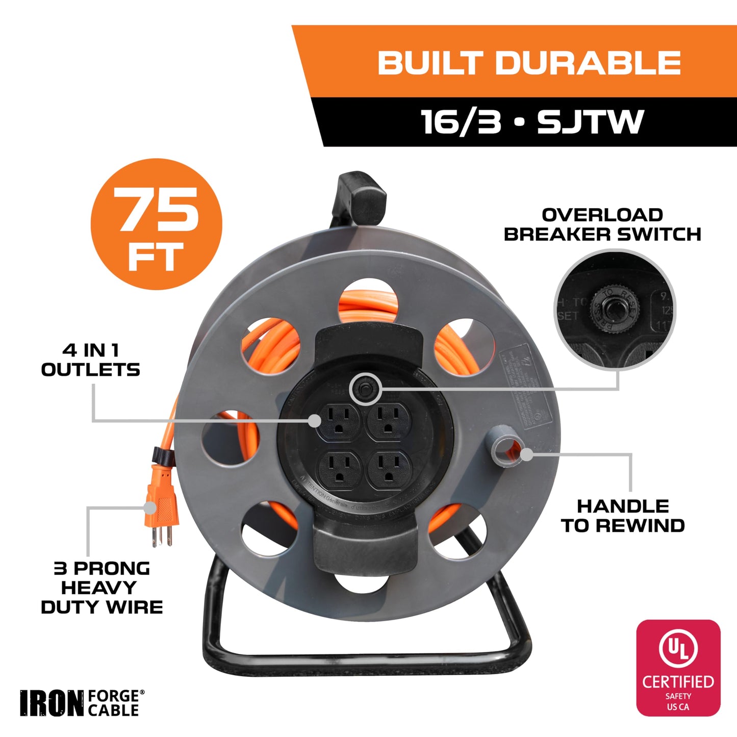 Iron Forge Cable 50 Ft Outdoor Extension Cord - 3 Outlets - 12/3 SJTW Heavy Duty Yellow 3 Prong, 15 AMP & 75 Ft Extension Cord Reel with 4 Electrical Outlets & Breaker Switch - 16/3 SJTW Orange Cable
