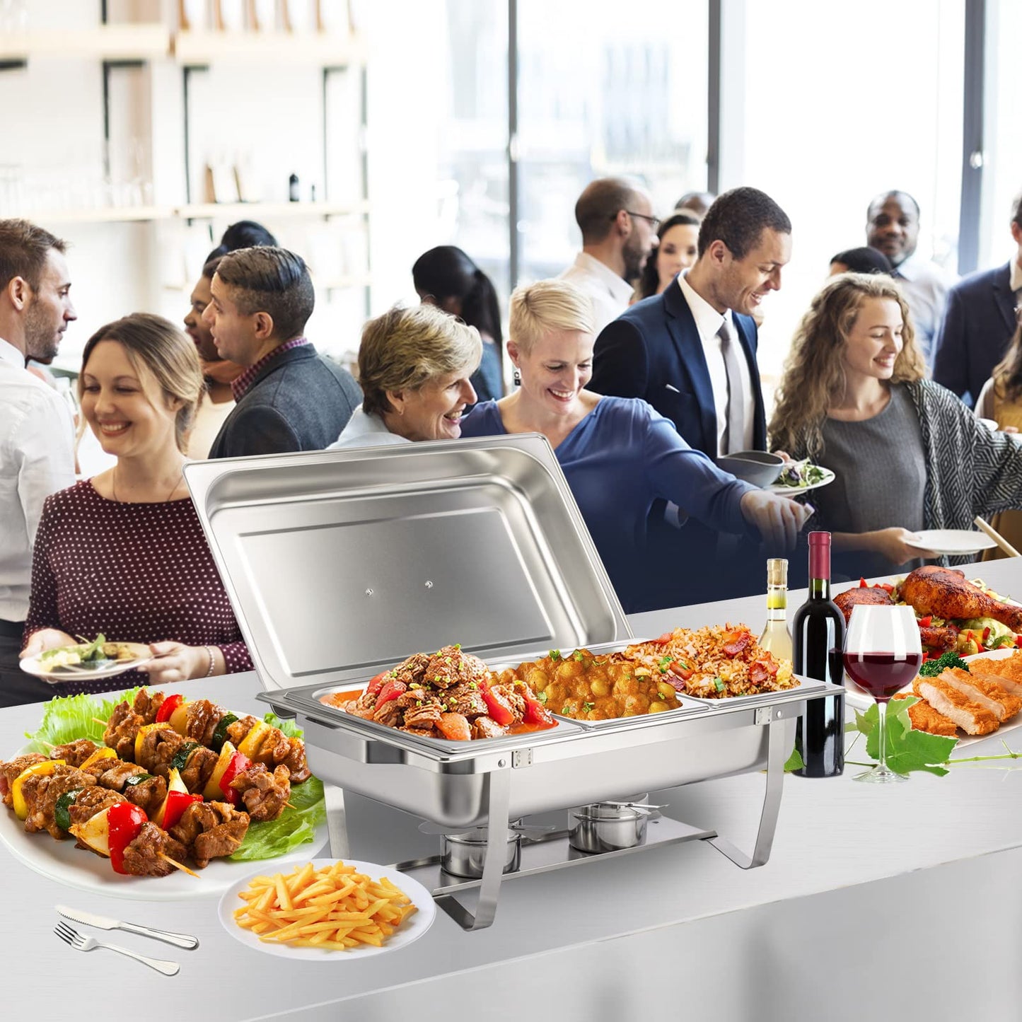 Valgus 4-Pack 8QT Stainless Steel Chafing Dish Buffet Set with 2 Full Size, 2 Half Size, 3 1/3 Size Pans Food Warmers for Parties, Buffets, Wedding, Banquet, Catering Events