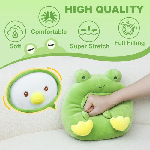 MOIEMIAS Original Adorkable Duck Plush Toy Pillow 9.25″ Cute Frog Stuffed Animal Soft Fluffy Squishy Plushie with Frog Outfit Gift for Kids Bedroom Home Holiday Decoration Pillow Green