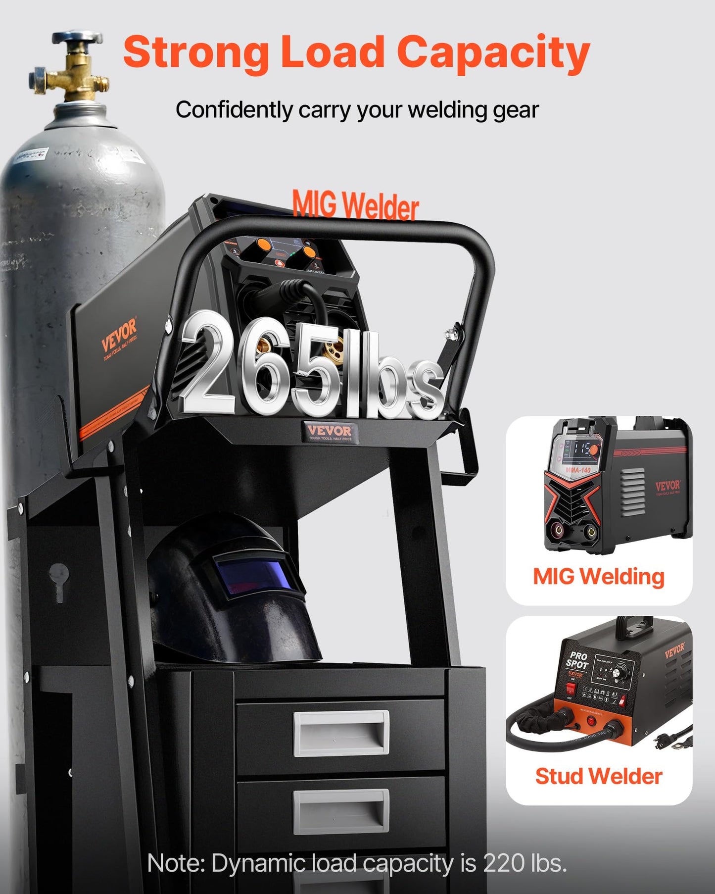 VEVOR Welding Cart, 2-Tier 4 Drawers Welder Cart with 265 LBS Weight Capacity, 360° Swivel Wheels, Tank Storage Safety Chains, Heavy Duty Rolling MIG Welder Cart for Mig Welder and Plasma Cutter