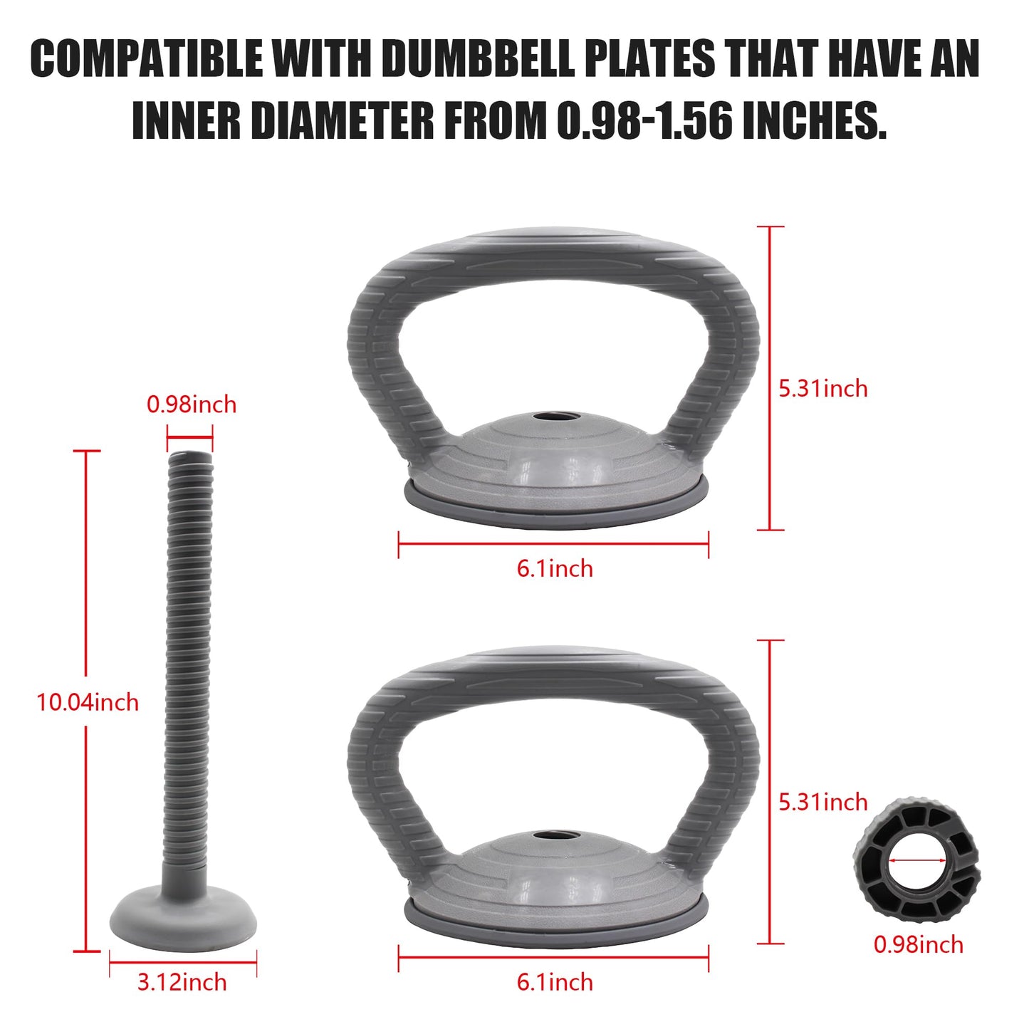 PHOEROS Adjustable Kettlebell Handles max load 44lbs compatiable with PHOEROS 44/66/88 LBS weights set, DUMBBELL PLATES THAT HAVE AN INNER DIAMETER FROM 0.98-1.56 INCHES. Max load 44lbs .(not includes Plates )