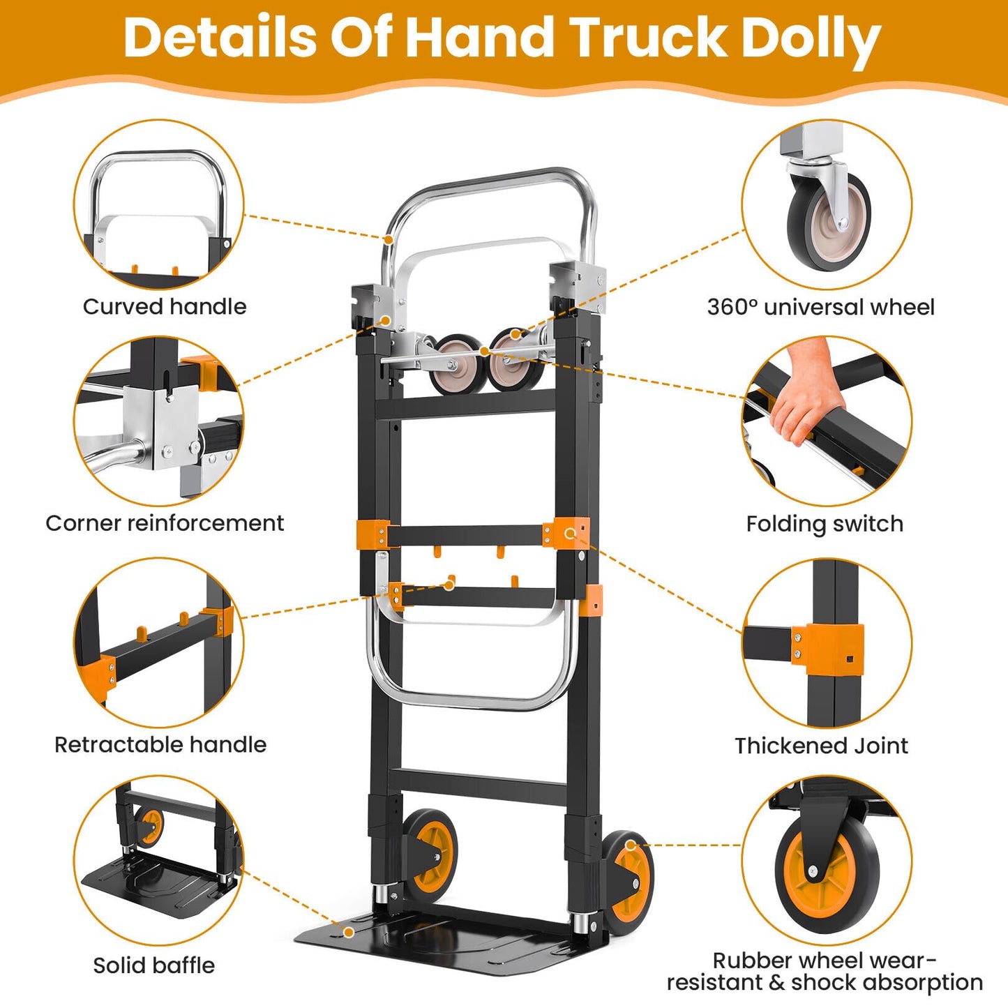 3-in-1 Convertible Heavy Duty Folding Hand Truck Dolly, 600LB Capacity with Rubber& Wheels Telescoping Handles, Portable Collapsible Cart for Warehouse, Supermarket, Office (Orange)