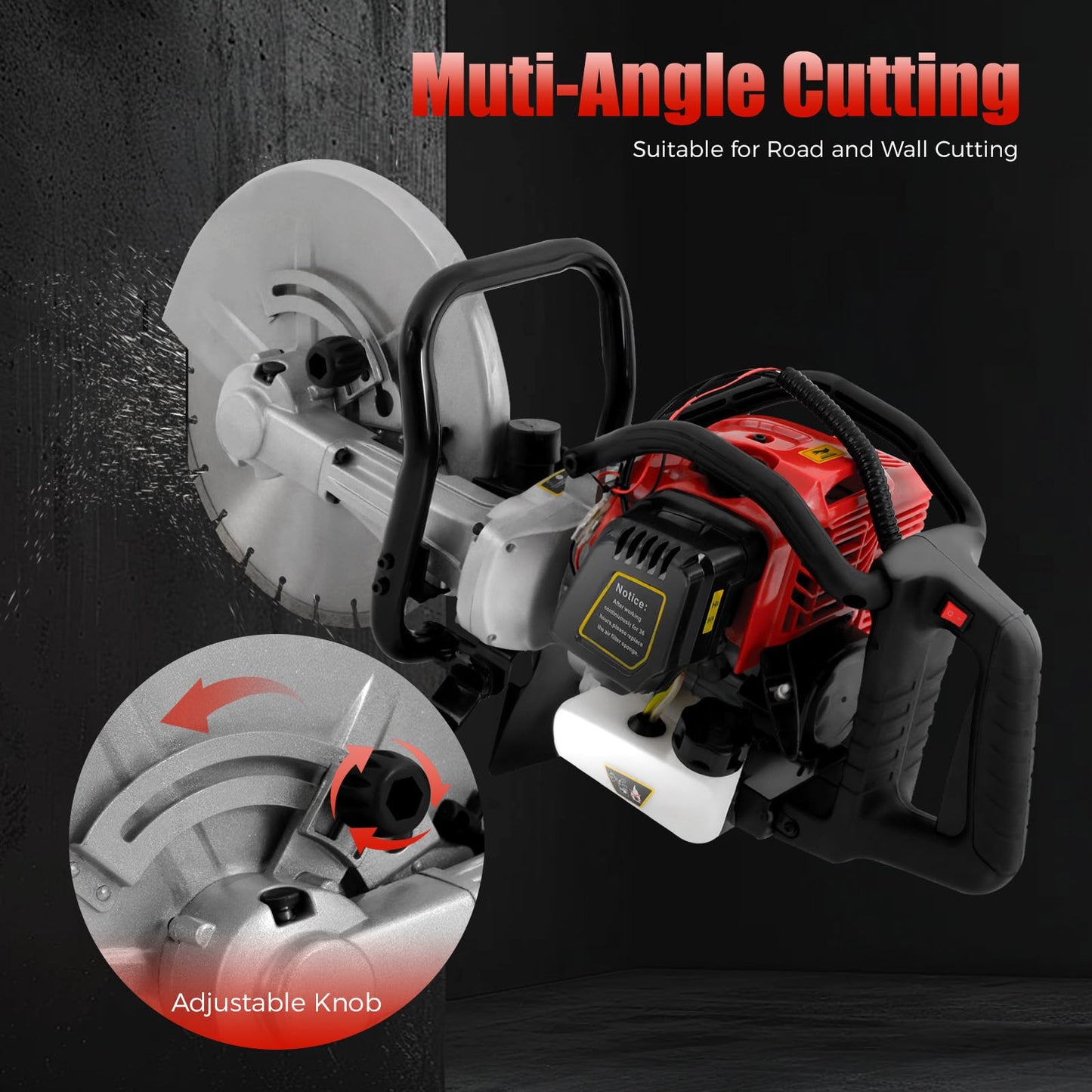 16In Gas Concrete Saw,1400w Concrete Gas Powered Cut-Off Saw with Blade and Directional Wheel, 2-Stroke 52cc Engine Cement Masonry Wet Dry Machine,4" Cut Depth,Motor Circular Cutter For Stone, Brick
