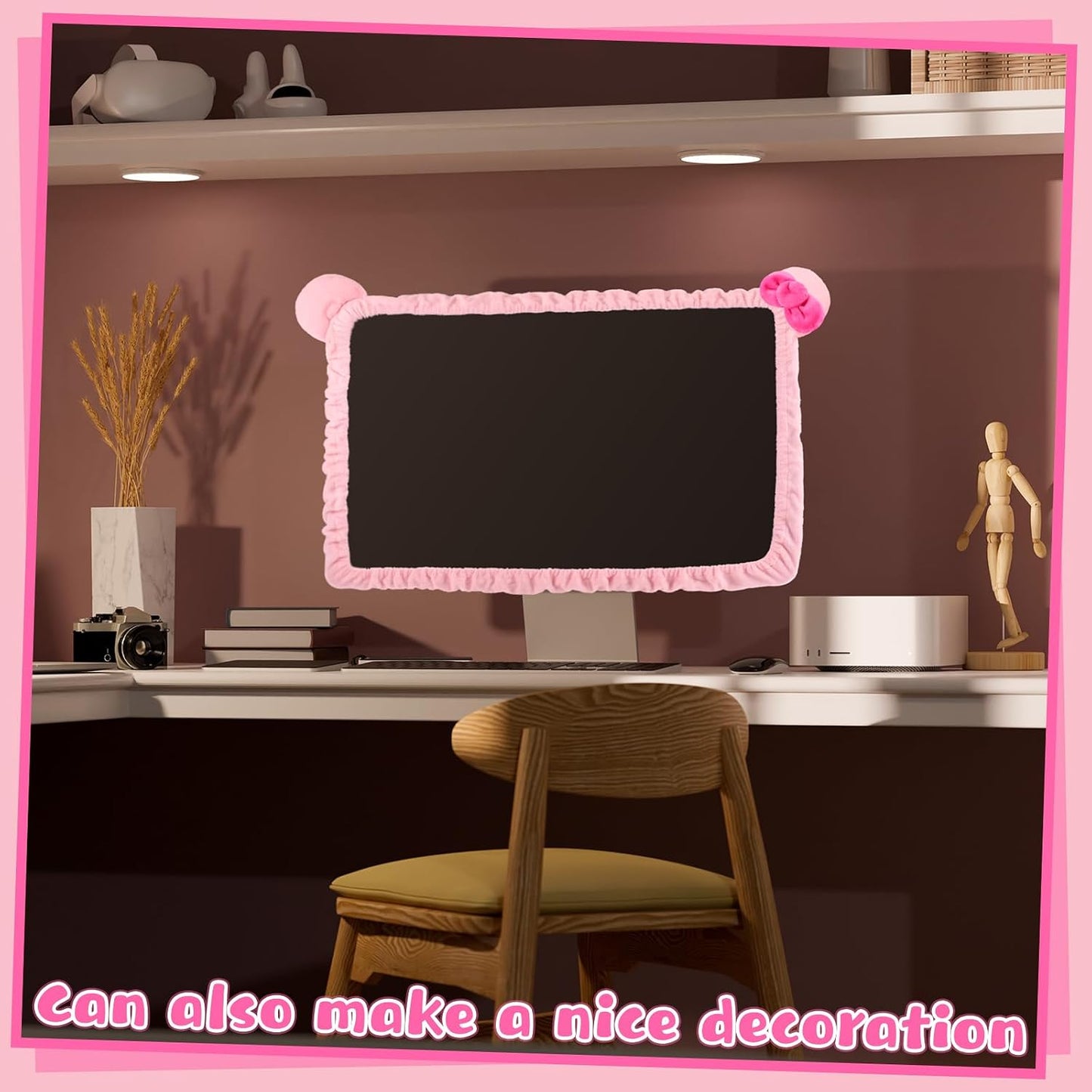 1 20''-29'' Remagr Pcs Kawaii Computer Monitor Cover with Cat Ear Design, Furry Cute Pink Monitor Dust Cover Protector