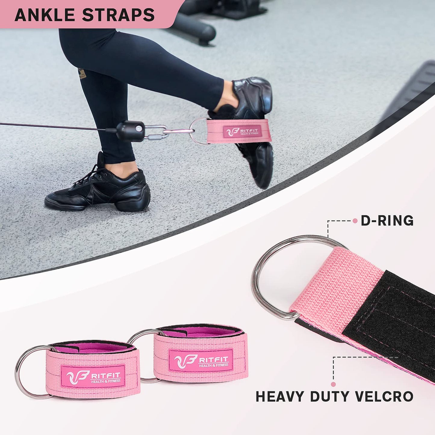 RitFit 7 Pcs Barbell Squat Pad Set, with Resistance Band, 2 Safety Straps, 2 Gym Ankle Straps & Carry Bag, Upgraded Neck & Shoulder Protective Pad Support for Squats, Lunges & Hip Thrust (Pink/Black)