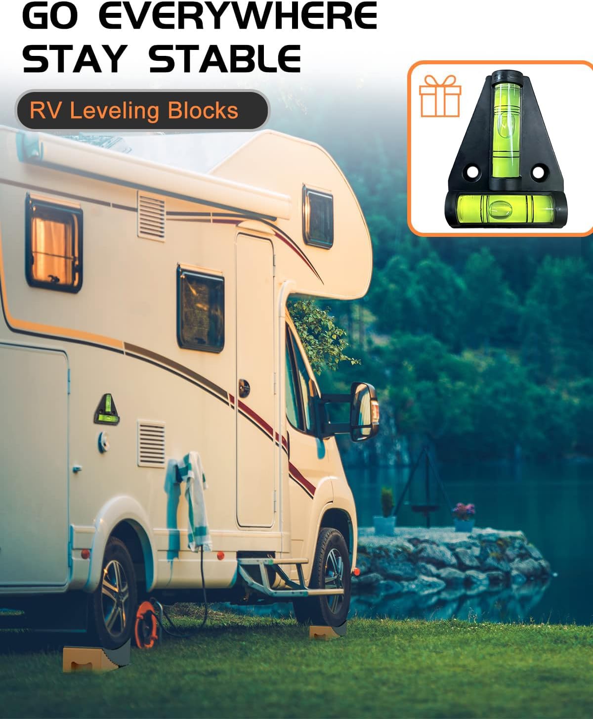 RV Leveling Blocks Ramp Kit, 2 Packs Camper Leveler System for Travel with Two Chocks, 2 Anti-Slip Mats, 1T Bubble Level and Carry Bag, Up to 35000 LBS, Easier & Faster to Level Camper-Orange