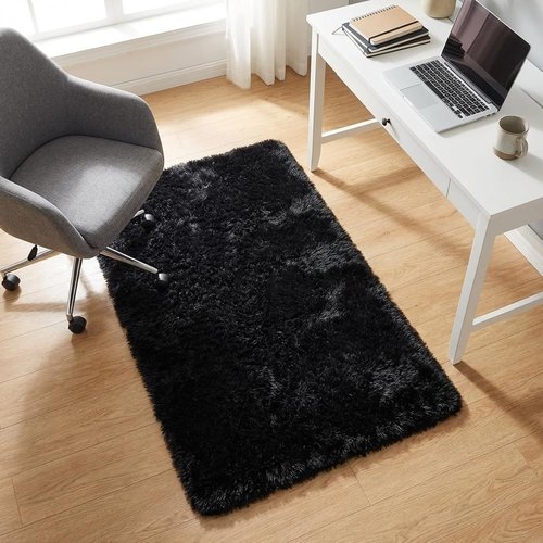 Mugorn Black Area Rug - Soft Fluffy Shag Carpet for Bedroom & Living Room | 2x3 Feet with Non-Slip Pads
