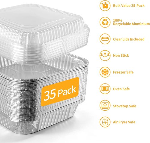 GrillChef 35-Pack Aluminum Foil Baking Cake Pans - Disposable Square Trays with Lids & Spoons