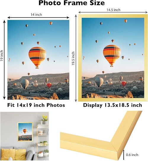 JCJMY 14x19 Gold Picture Frame - Shatter Resistant Plexiglass for Horizontal & Vertical Wall Display