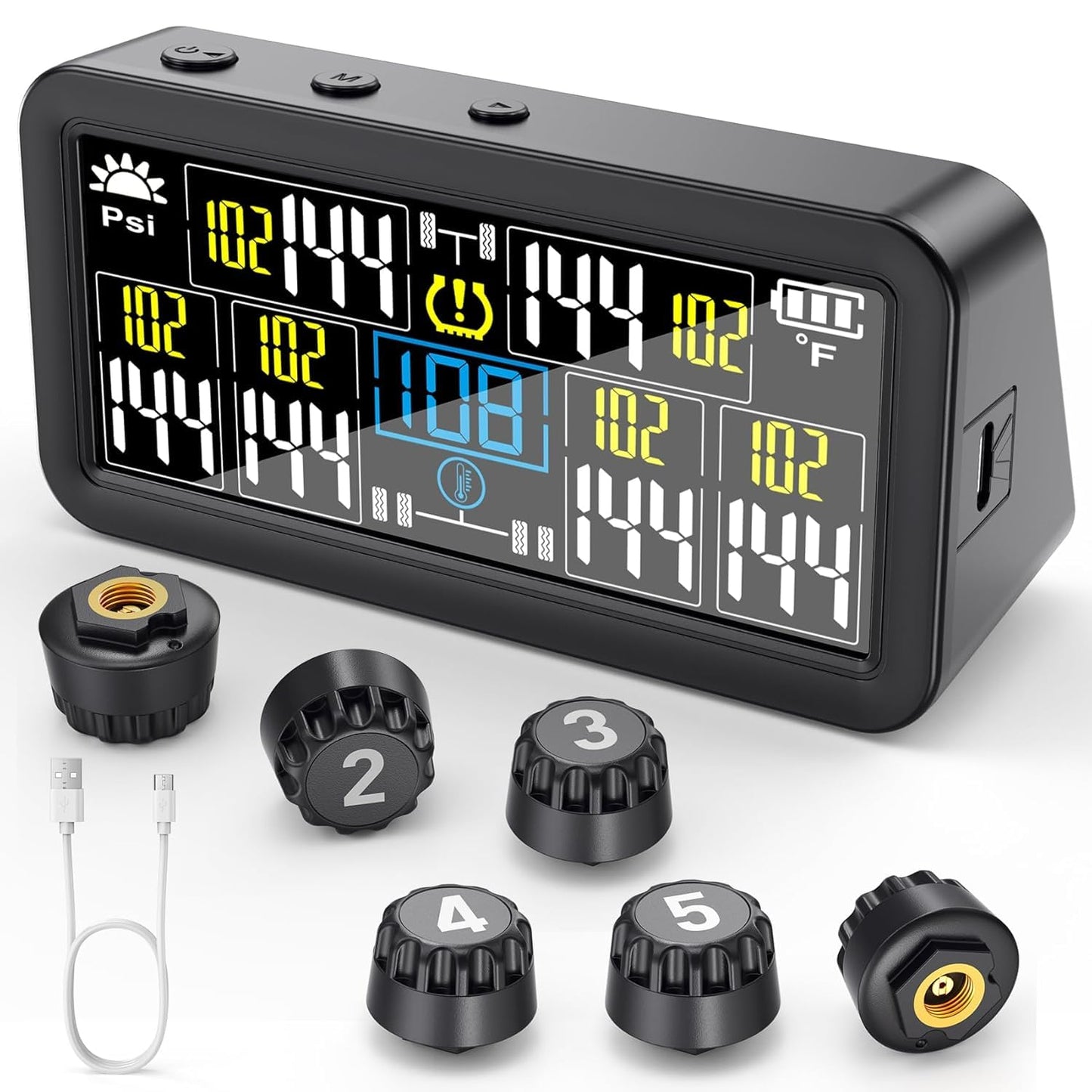 GEARGO 𝟐𝟎𝟐𝟔 𝐔𝐩𝐠𝐫𝐚𝐝𝐞𝐝 Tire Pressure Monitoring System, TPMS with Solar & USB-C Dual Charging, 4 External Sensors (0–99 PSI), 6 Alarm Modes, Color LCD Display for RV/Trailer/Truck/SUV