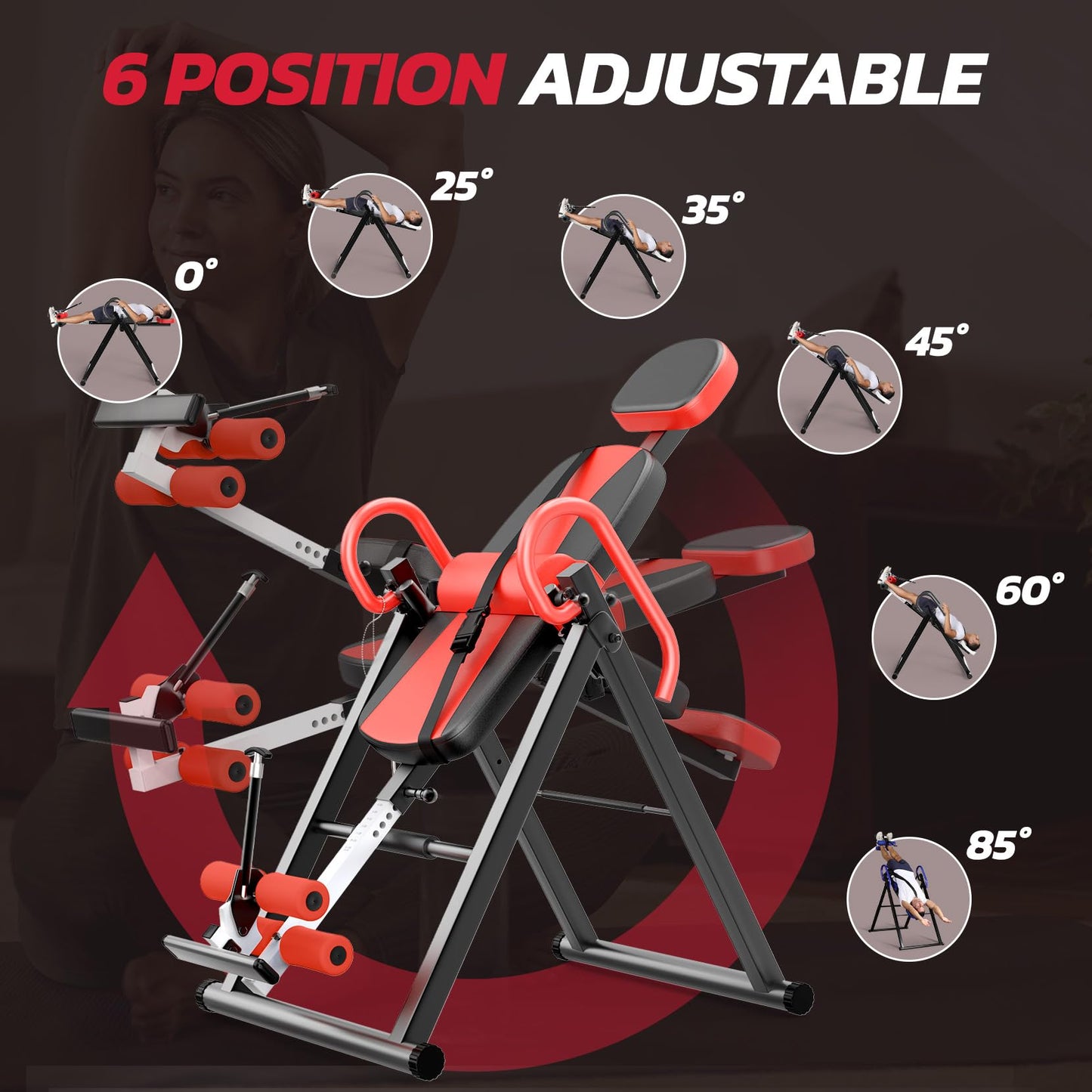 YOLEO Gravity Heavy Duty Inversion Table with Headrest & Adjustable Protective Belt Back Stretcher Machine for Pain Relief Therapy (Red02)