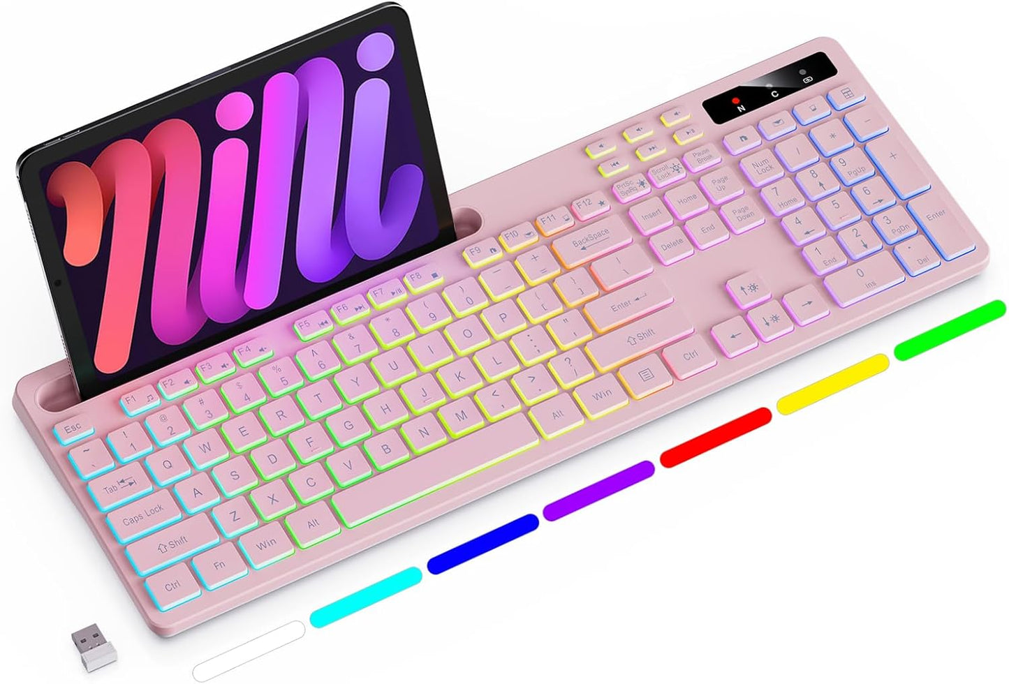 Soueto 7-Color 2.4G Wireless Keyboard with RGB Backlit, Full-Size Computer Keyboard with Phone Tablet Holder