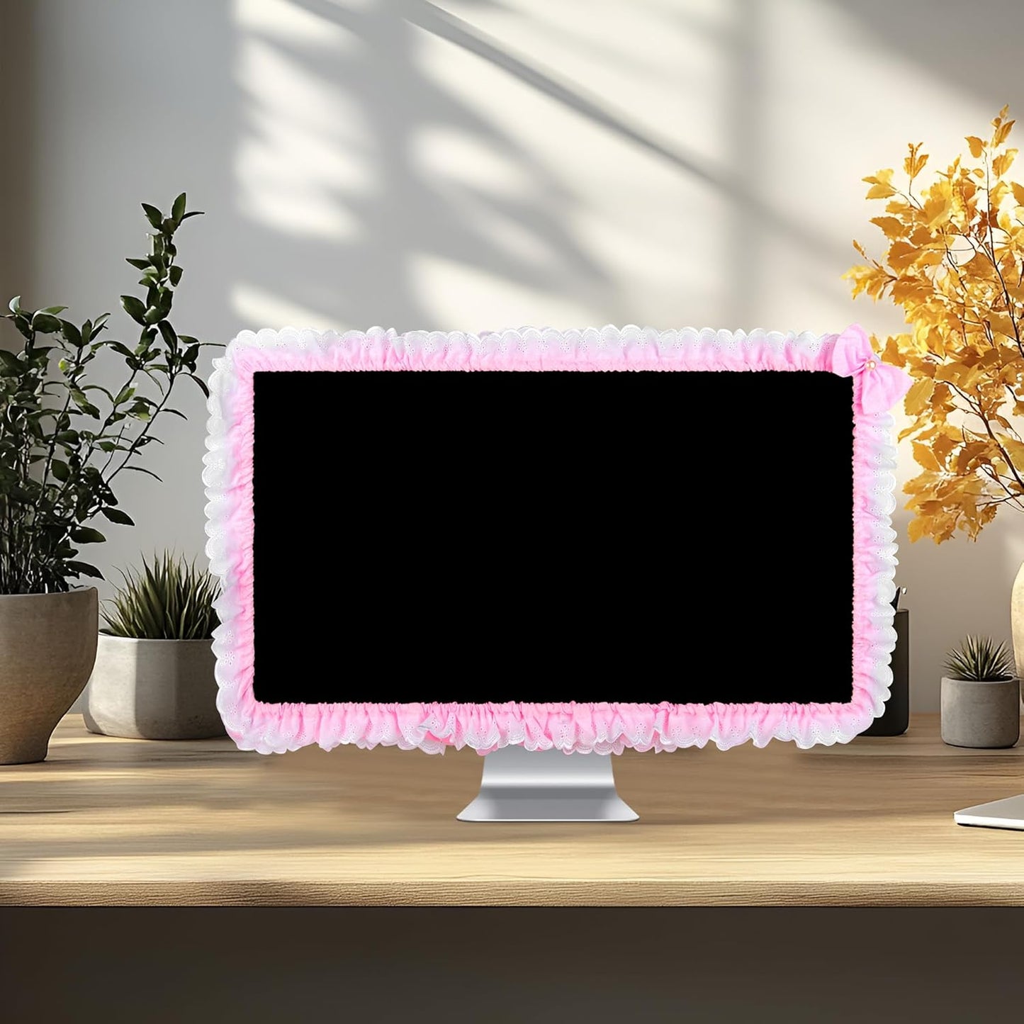 32"-38" Lovely Cute Computer Monitor Cover with Lovely Cute Elastic Pen Pocket Bow-knot TV LCD Screen Monitor