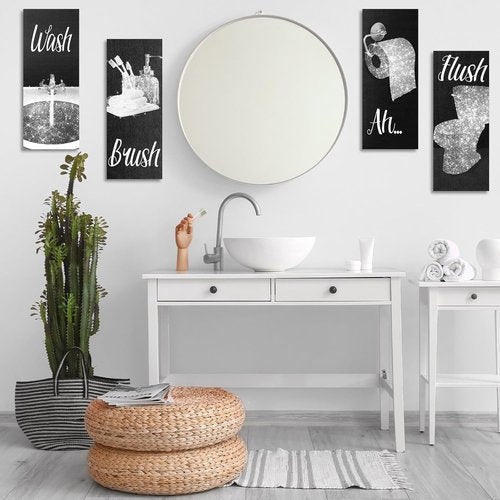 Chinco Funny Bathroom Wall Art | 4-Piece Glam Decor Set for Women | Modern Wood Hanging Decor (Black & White)