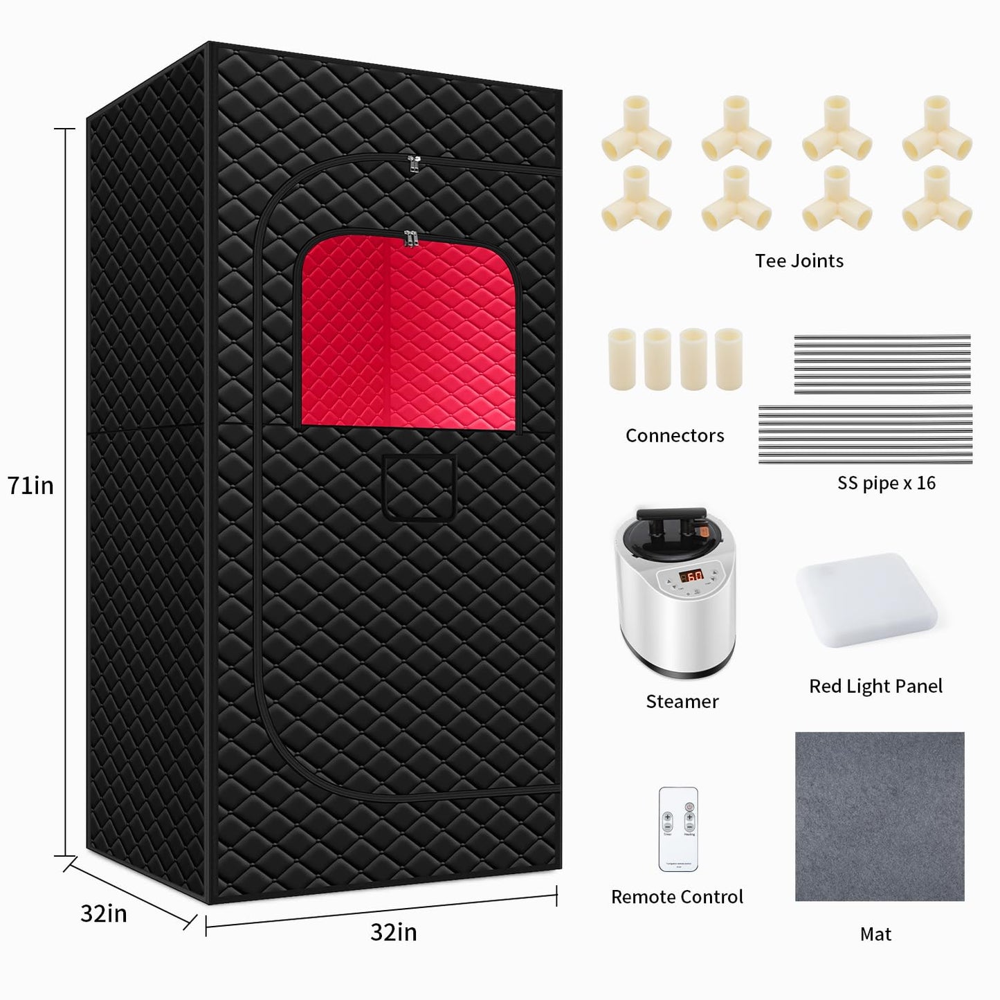 Red Light Therapy Portable Steam Sauna Box with 3L Large Steamer, 1200W Fast Heating Home Sauna for Relaxation, 71" Tall Indoor Personal Sauna Tent with 15 Gear Timer, Black