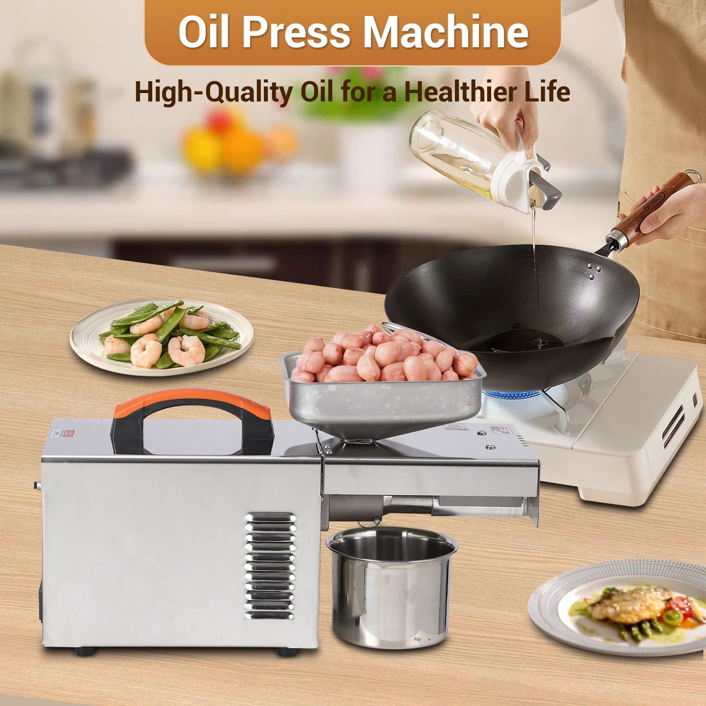 GarveeHome 900W Electric Oil Press Machine - Automatic Cold & Hot Oil Extractor with 304 Stainless Steel, Perfect for Pressing Peanut, Sesame Seeds, Walnut, Almond, Pumpkin, and Rapeseed
