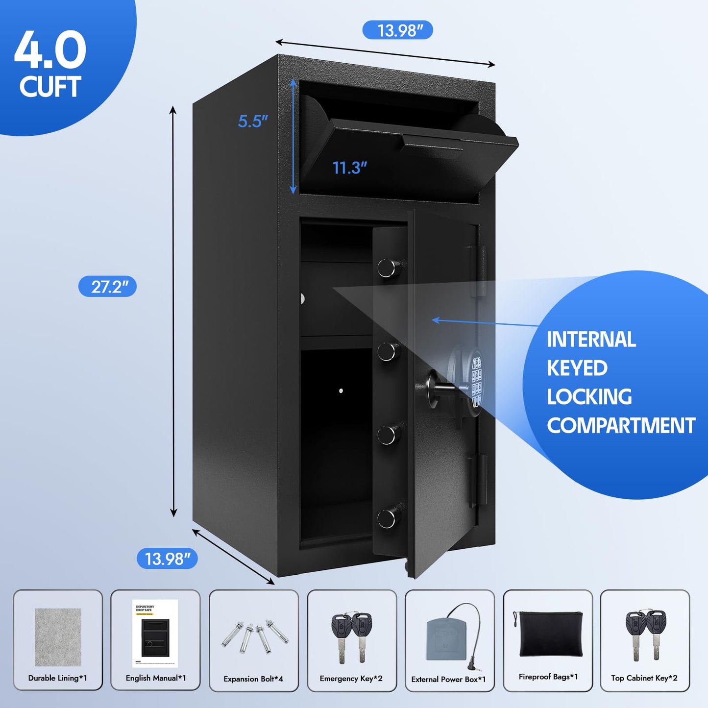 Cash Safe With Drop Slot 4.0 CUB Drop Safe for Business Money Depository Safes Box With Internal Keyed Locking Compartment Anti-Fishing Digital Combination for Home Hotel Restaurant Liquor Store