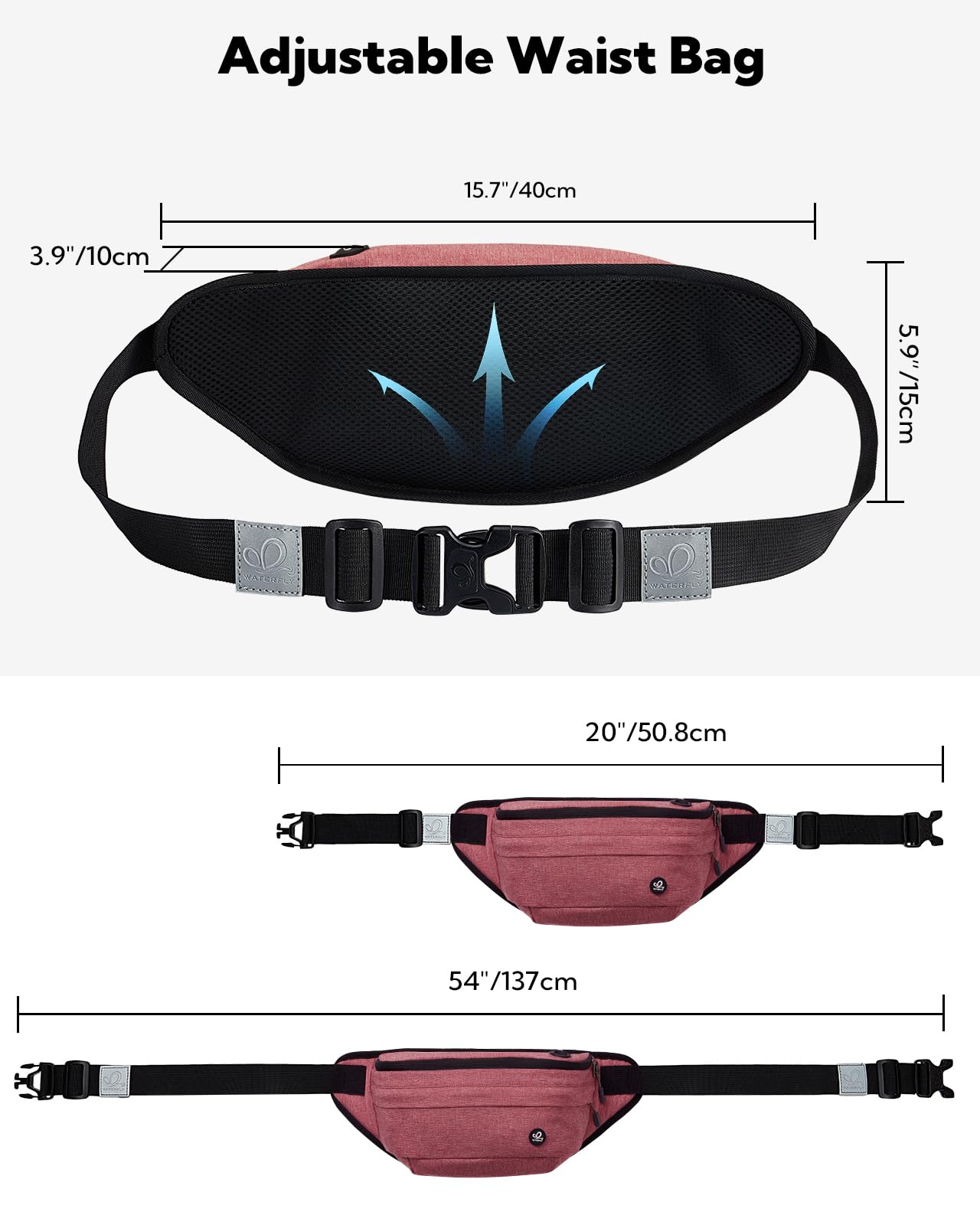 WATERFLY Fanny Pack for Men Women Water Resistant Large Hiking Waist Bag Pack for Running Walking Traveling (Light Red),16.5 x 4.3 x 6 inches,ONJ05
