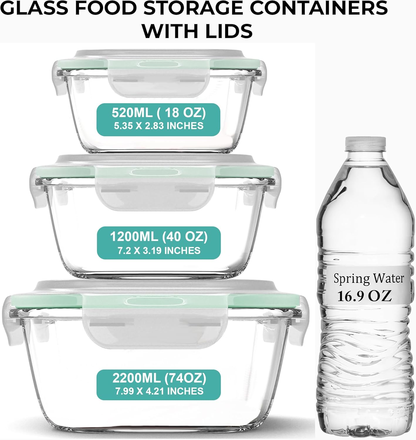 Razab Glass Food Storage Containers Set - 6 PC Airtight Meal Prep Containers | 74, 40 & 18 oz, Freezer Safe