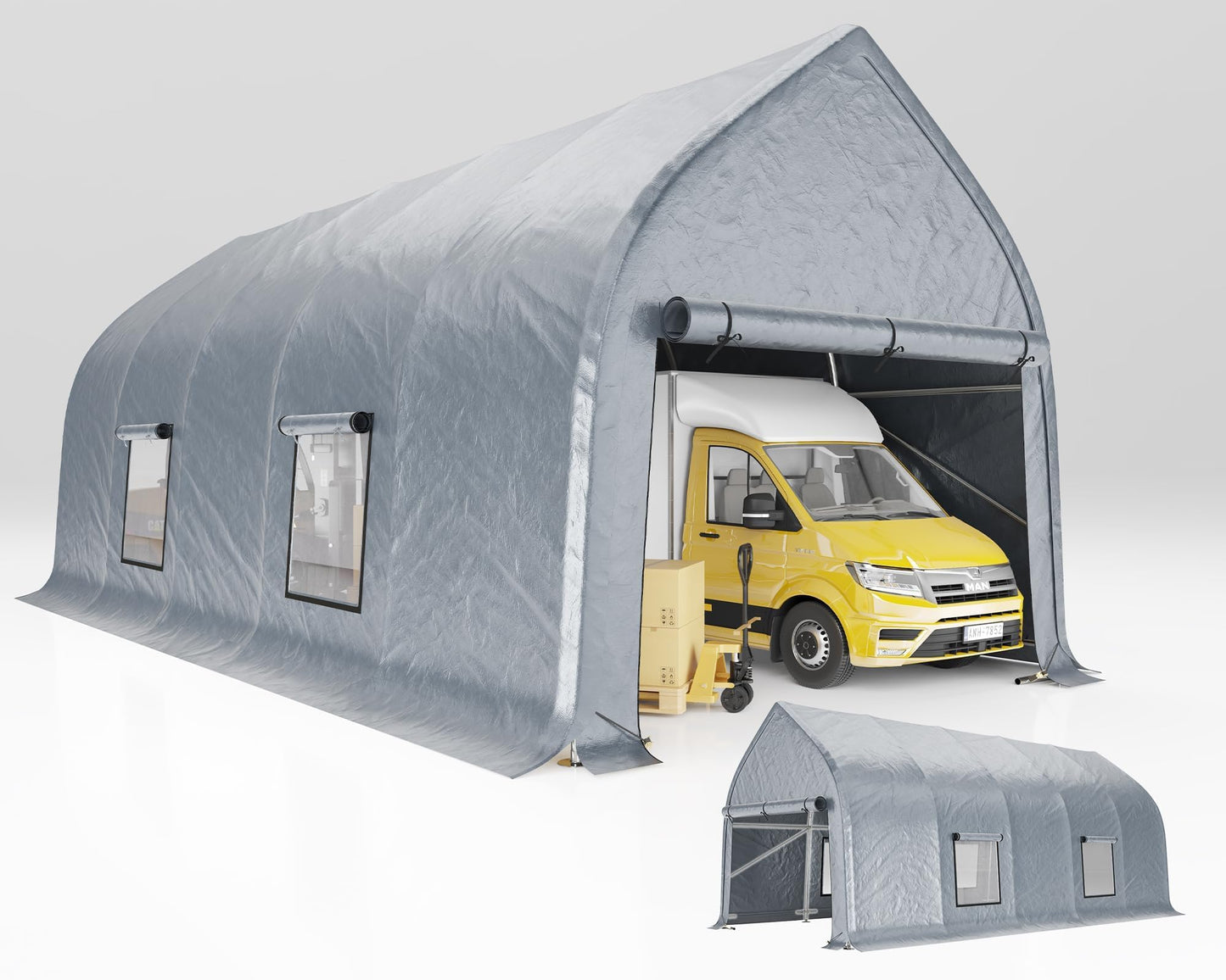 AMERLIFE 12 x 30 FT Walnut-Shaped Outdoor Carport, Heavy Duty Enclosed Portable Garage Shelter with Roll-Up Doors, Weather Resistant Car Shelter for Trucks, Boats, Farm Equipment, Silver Gray