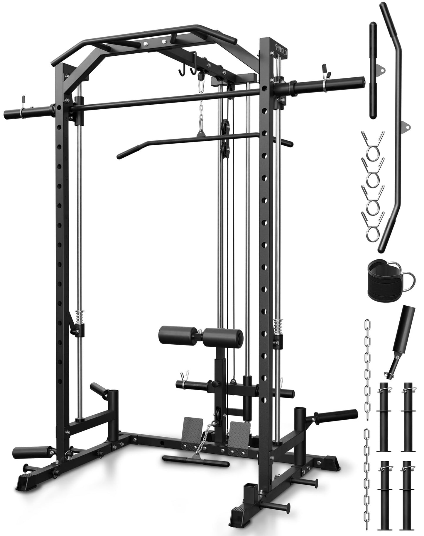 Mikolo Smith Machine Home Gym Power Cage (1:1 Ratio Strength Trainer) (Space Saving Design) (with 8 Free Attachments) Squat Rack for Full Body Training