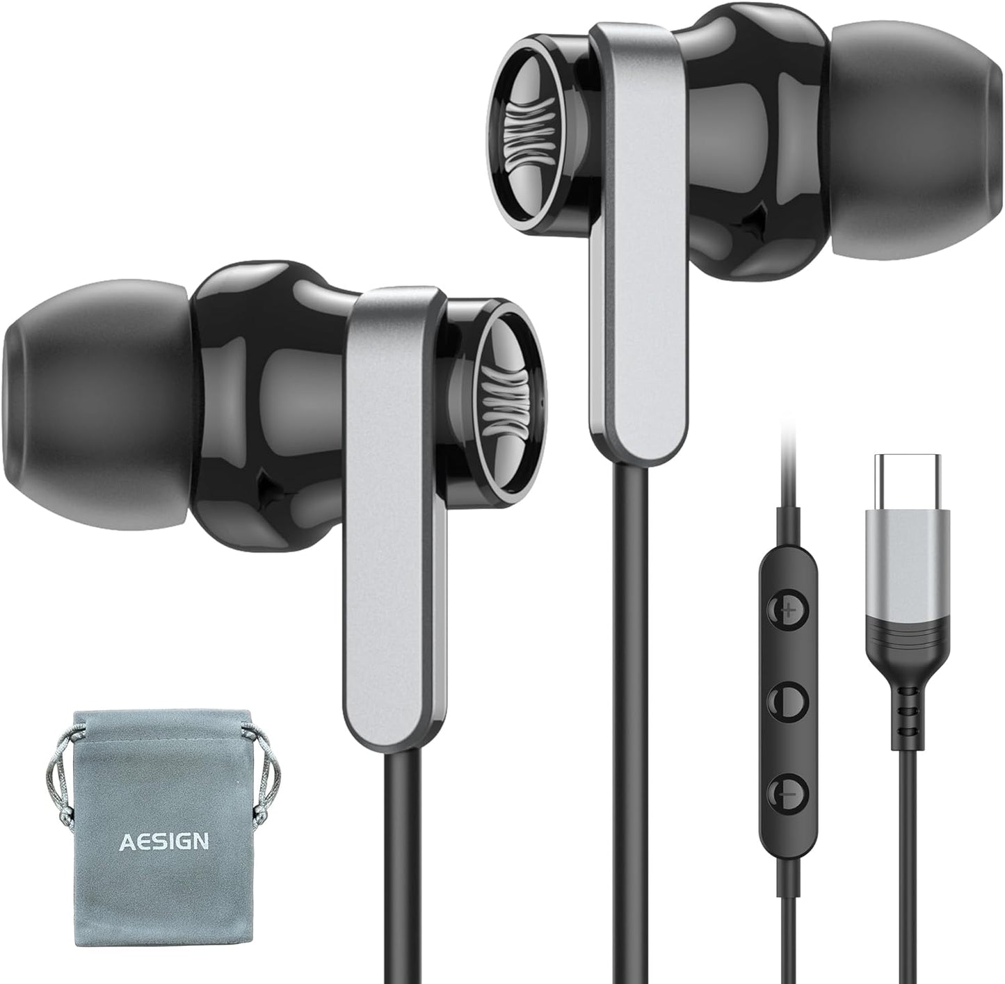 USB C Wired Earphones with Microphone & Volume Control, Type-C in-Ear Headphones with Portable Pouch & Noise Isolating