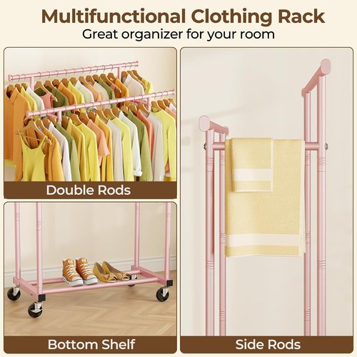 HYSEYY Double Rod Clothing Rack - Sturdy Portable Garment Rack for Bedroom & Laundry | Pink