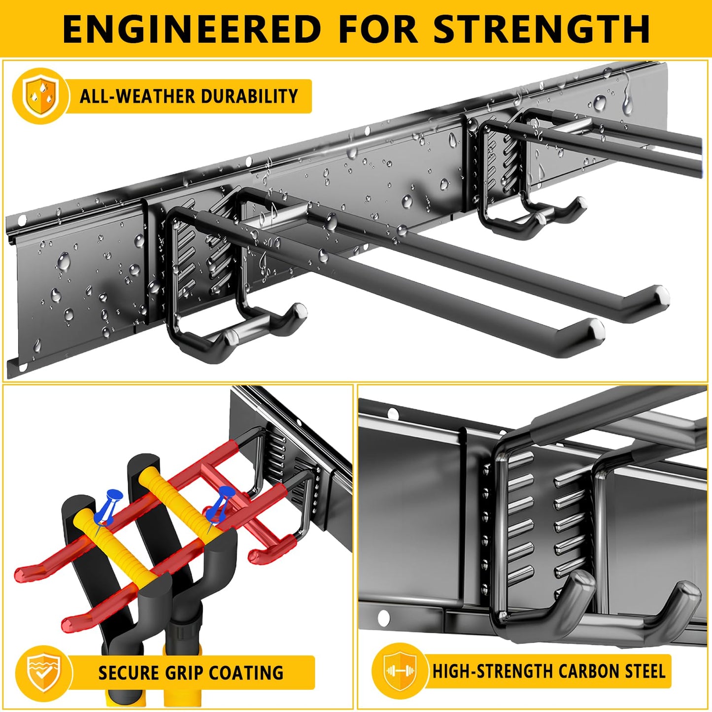 Tebgeag Garage Tool Organizer Wall Mount, 48inch Heavy-Duty Garage Storage System and Garden Tool Organizer with 6 Adjustable Double Hooks for Shovel, Snowboard, Yard Tools and Shed