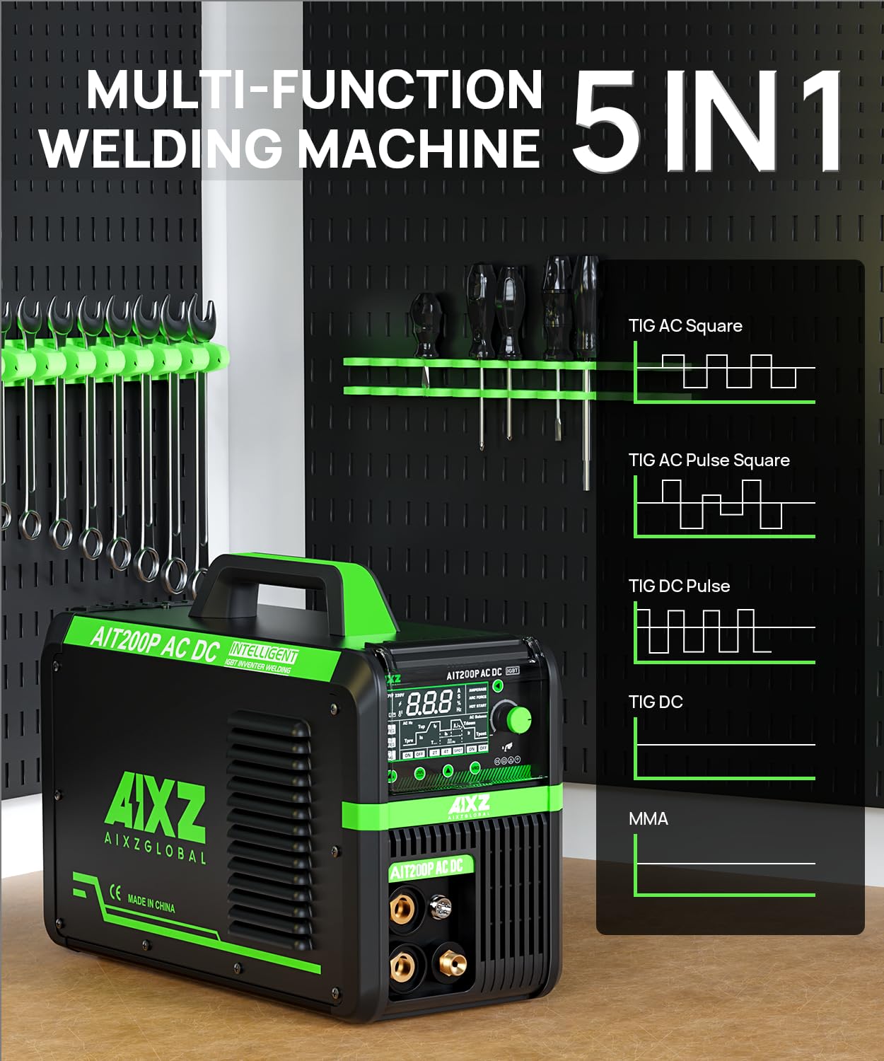 AIXZGLOBAL AIT200P AC/DC TIG Welder, 200A 110V/220V Aluminum Welding Machine with AC/DC TIG, Pulse TIG, Spot TIG, HF Start & Stick Welding, Foot Pedal Compatible, IGBT Inverter, Large HD Display