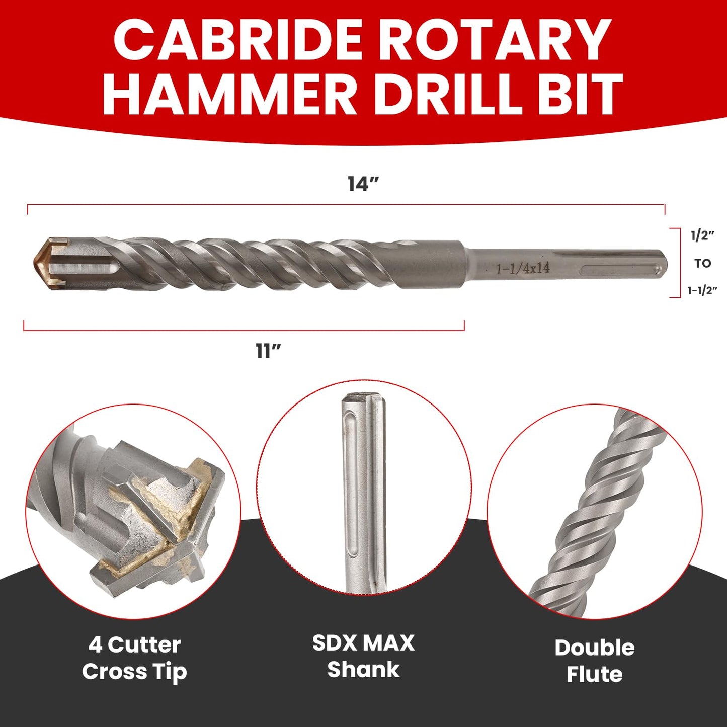 Torxero 8 PCS Set SDS MAX Bits, 14 Inch Long 1/2" to 1-1/2" Diameter, Rotary Hammer Drill Bits, Masonry Drill Bits for Concrete, SDS MAX, Masonry Drill Bit Set, Concrete Drill Bit Set