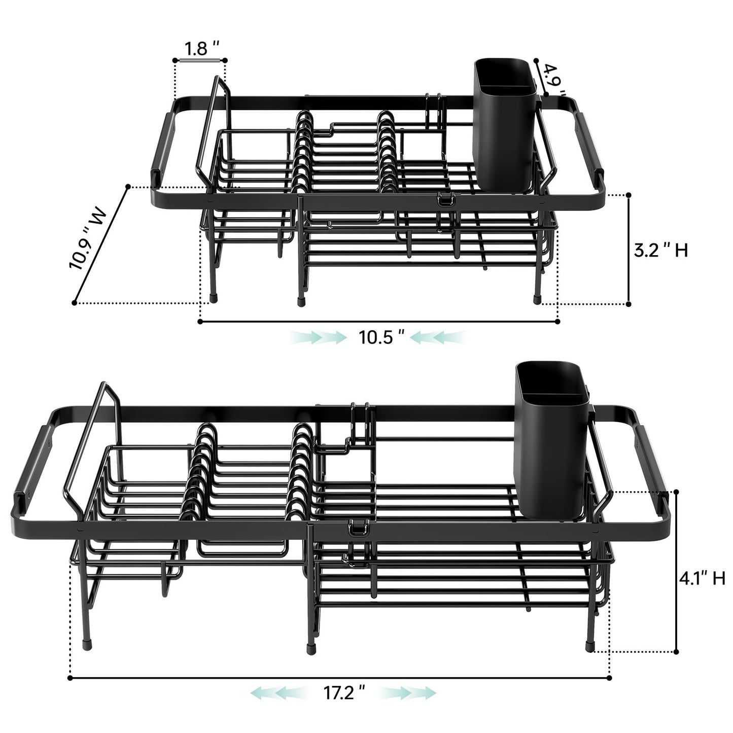 Urackify Dish Drying Rack in Sink - Expandable (14.5''-18''L) Over The Sink Dish Rack with Utensil Holder, Space-Saving Dish Drainer for Kitchen Counter, 1 Piece, Matte Black